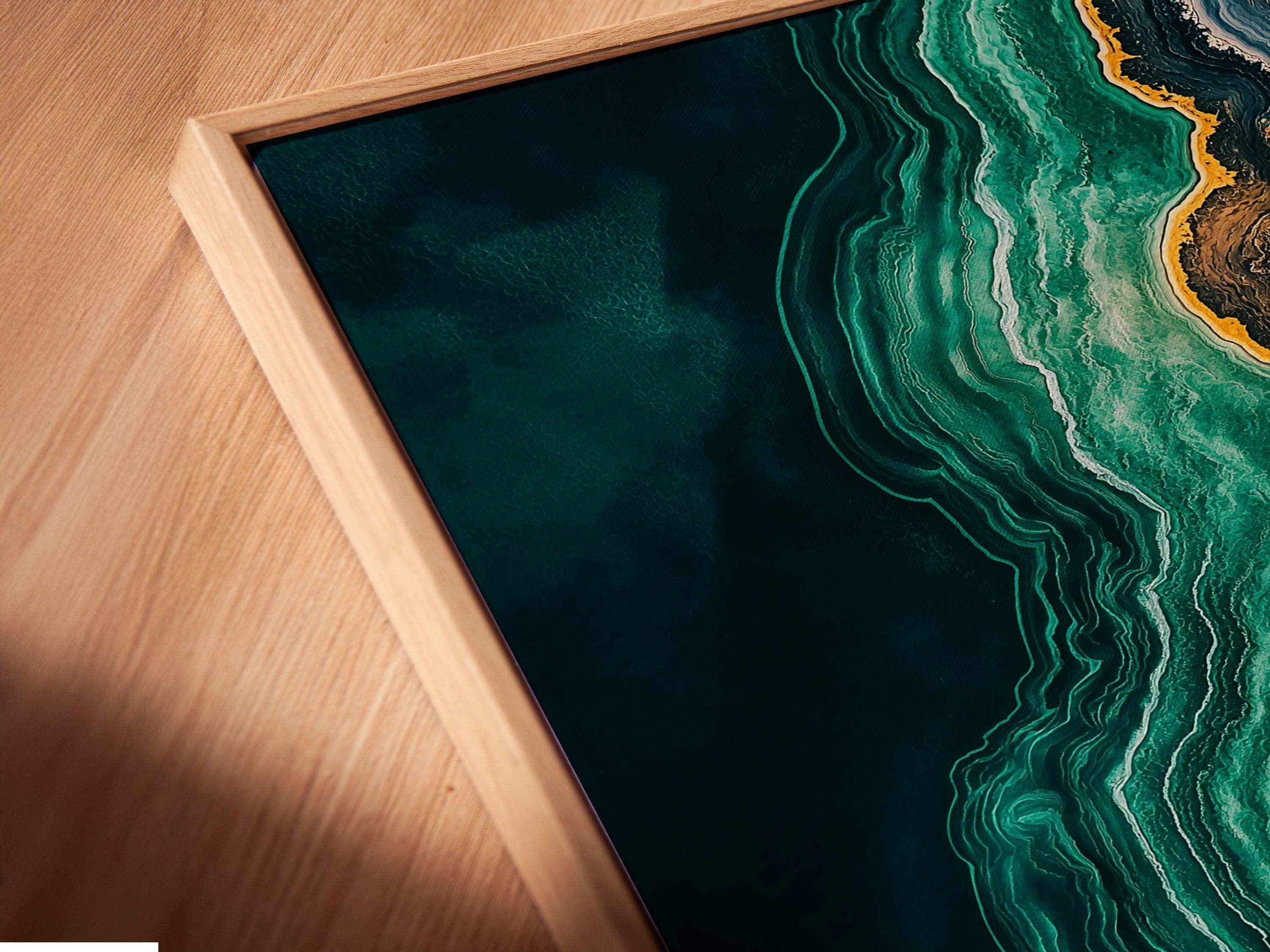 Office room mockup featuring a teal and gold abstract agate-style artwork on a wall