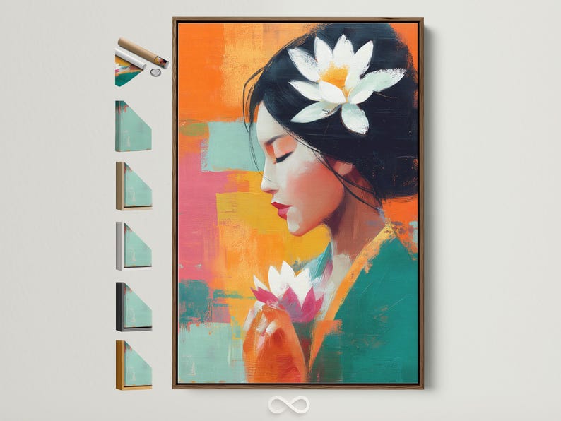 An abstract portrait of a woman in side profile appears alongside large lotus flowers, set against bright patchwork colours with bold painterly brush