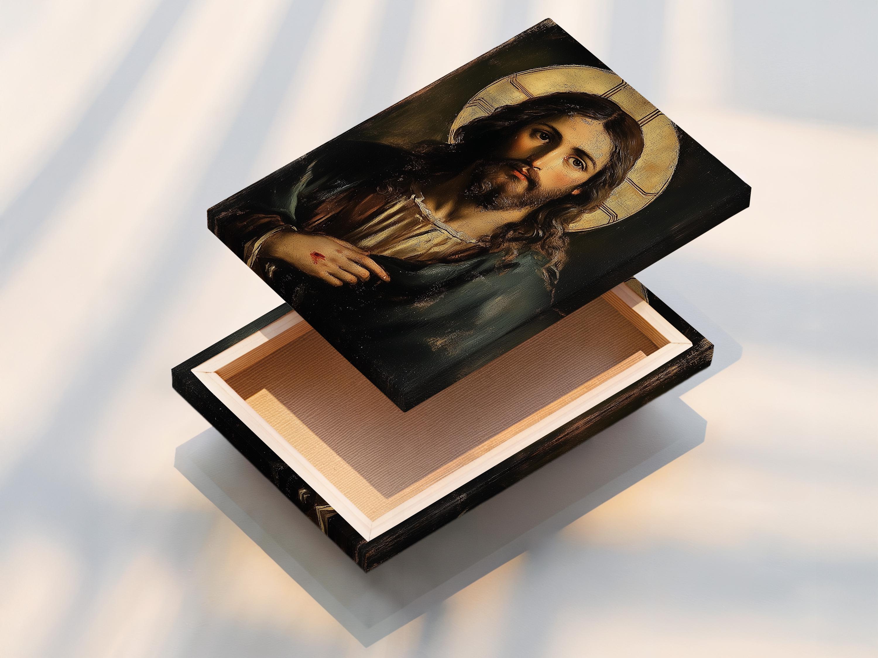 Jesus portrait with long dark hair and a glowing gold halo detail view