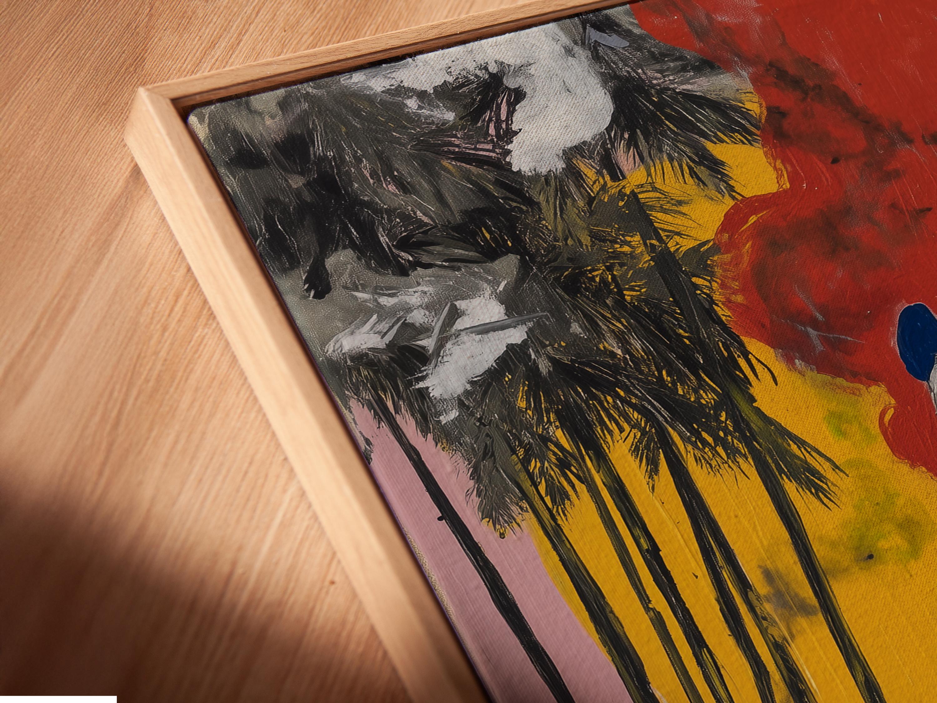 Portrait artwork featuring a seated panda with a yellow and red striped cushion and graffiti-style colours detail view