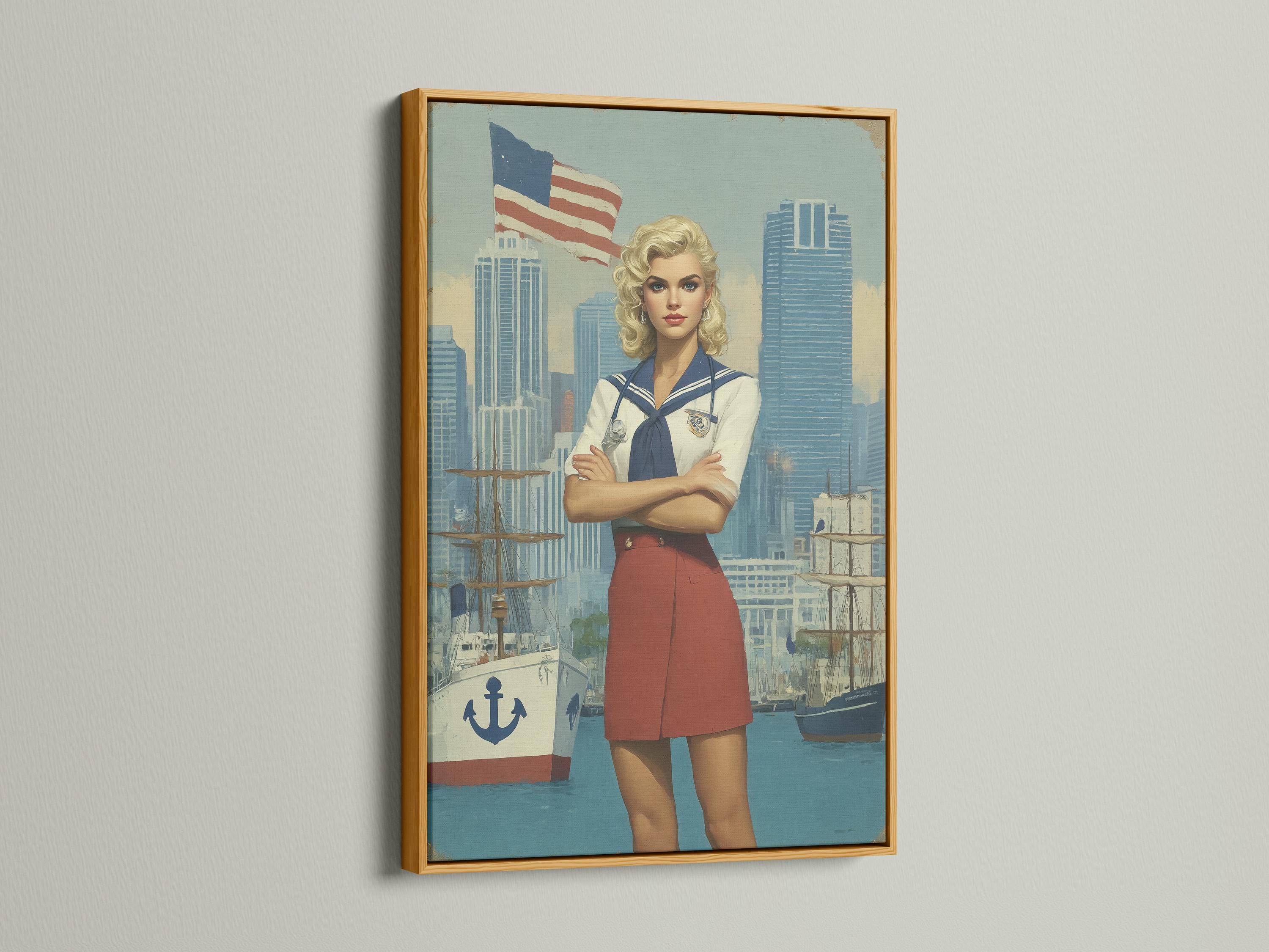 Stylised sailor-girl portrait with a waving American flag and harbour city background detail view
