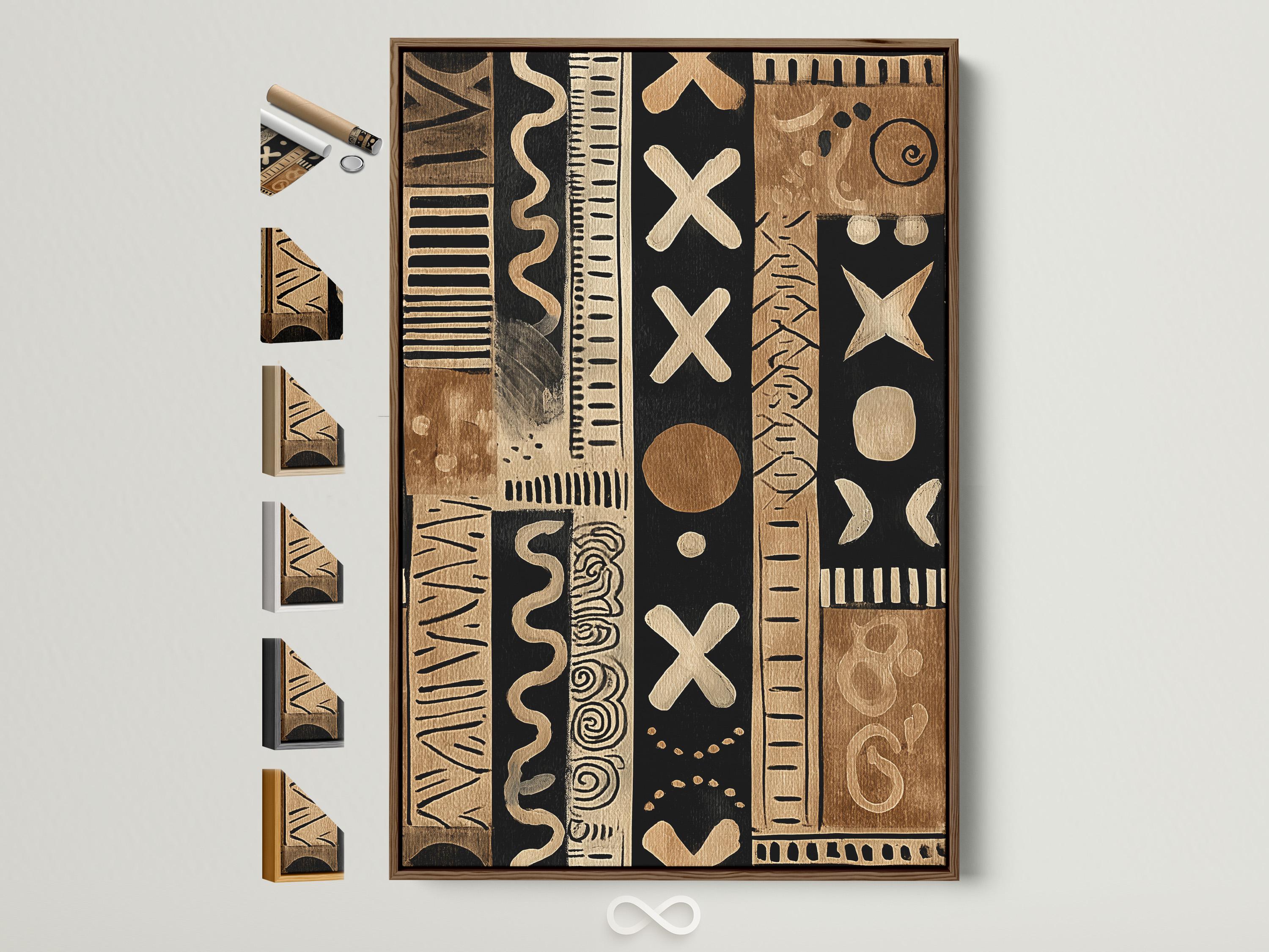 Living room mockup with a framed beige and black tribal abstract pattern above a sofa