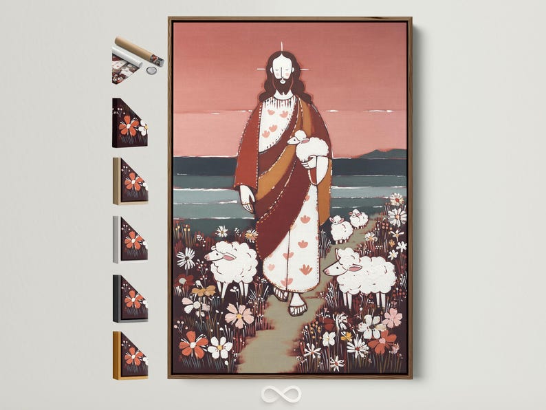 Stylised Jesus holding a white sheep, surrounded by sheep and wildflowers in a flower field