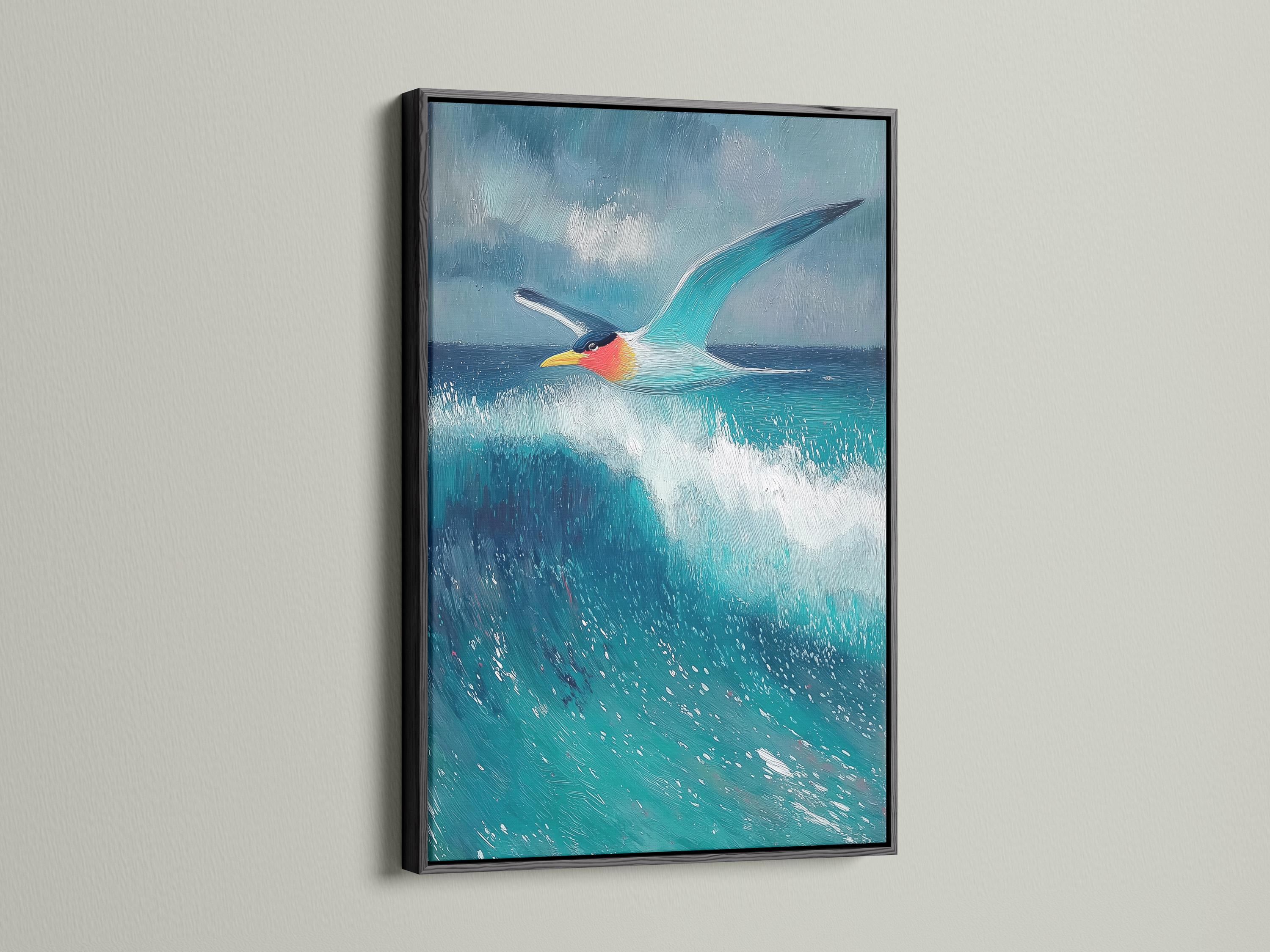Seagull flying over blue and turquoise waves with foamy white highlights detail view