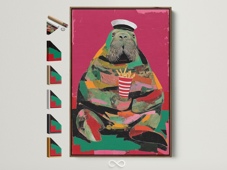 Stylised walrus wearing a captain hat with a striped cup of fries on a hot pink background