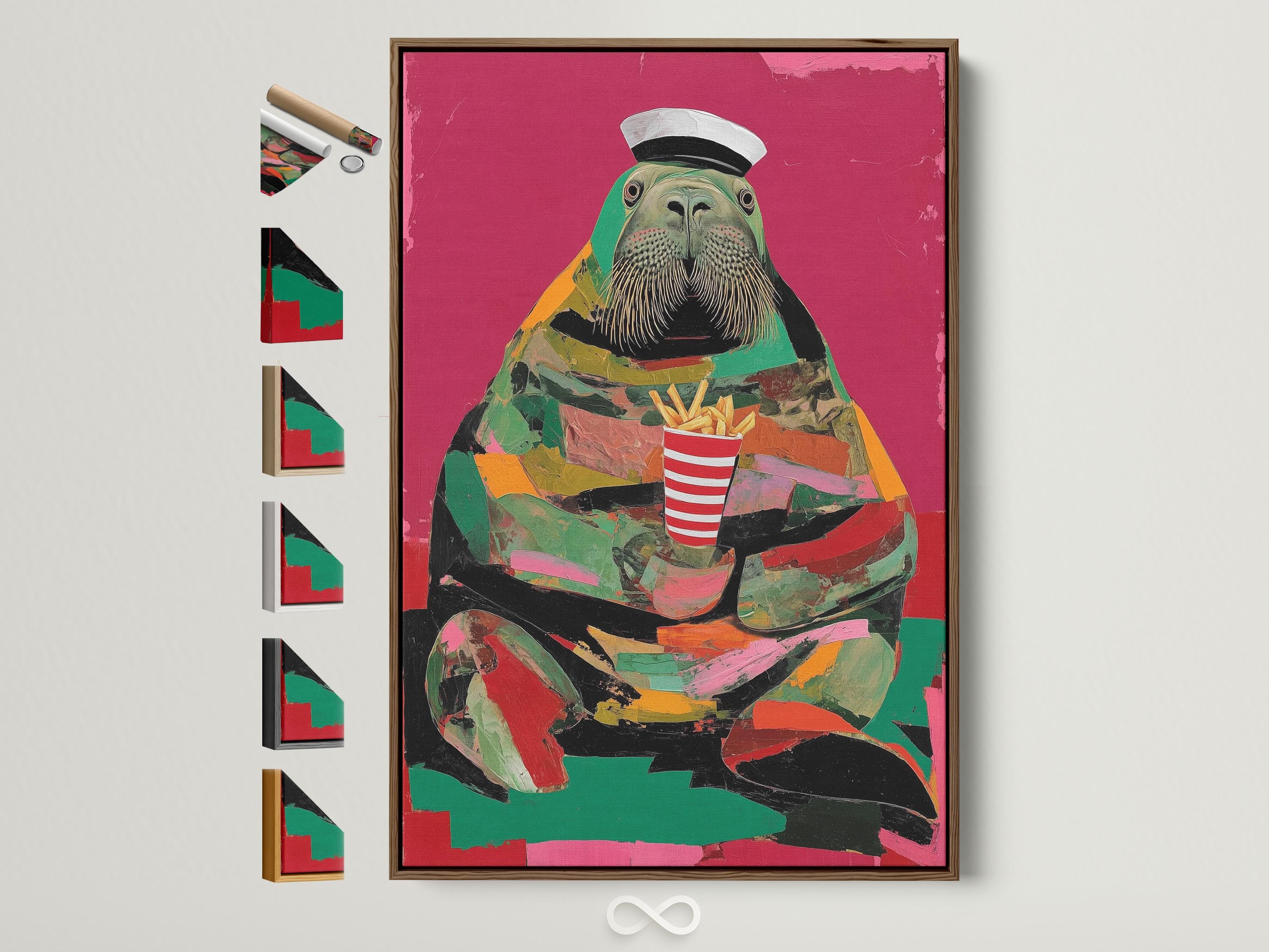 Stylised walrus wearing a captain hat with a striped cup of fries on a hot pink background