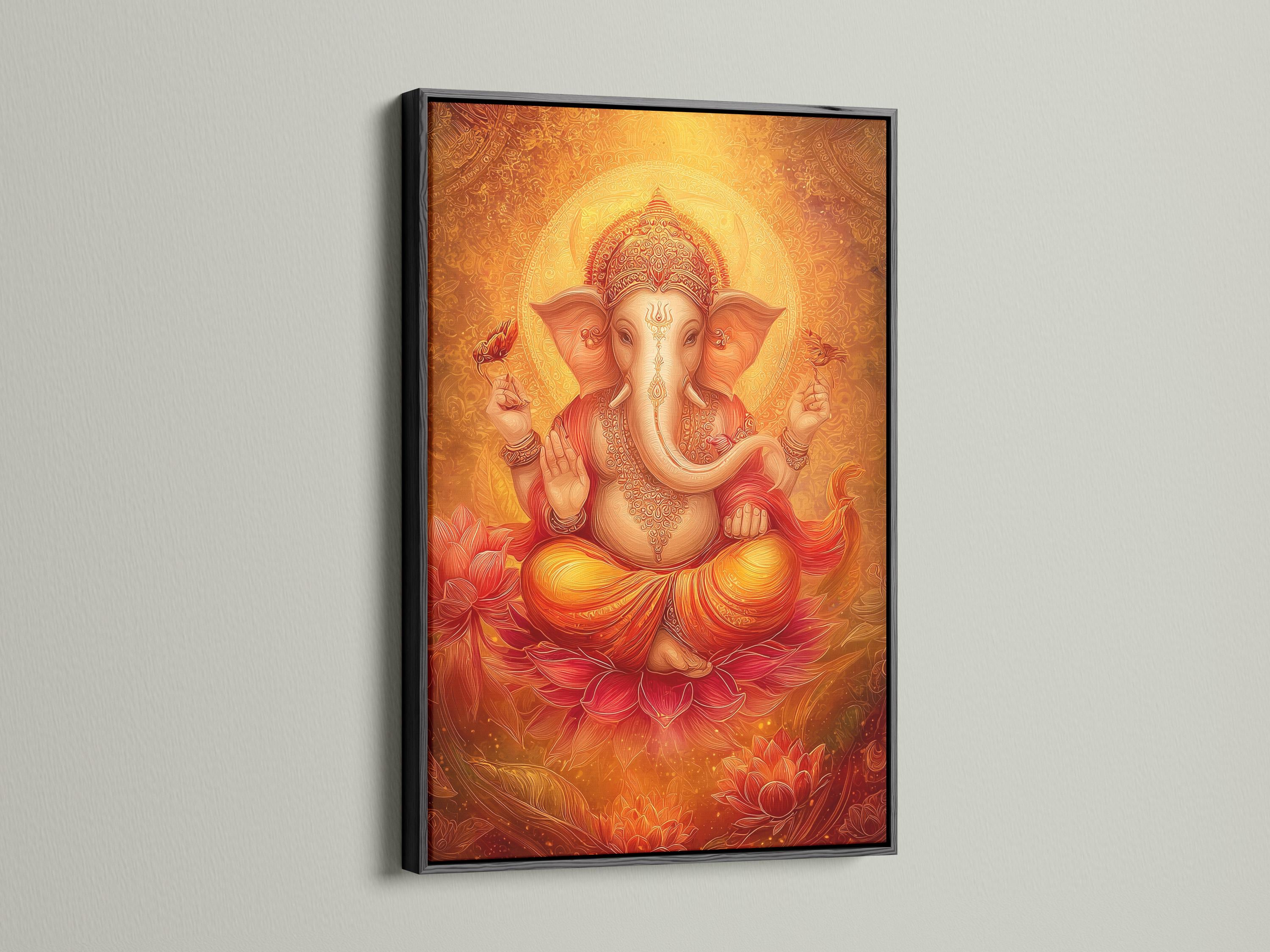 A golden-orange stylised elephant-headed deity figure sits at the centre, surrounded by ornate patterning and red lotus flowers on a warm decorative