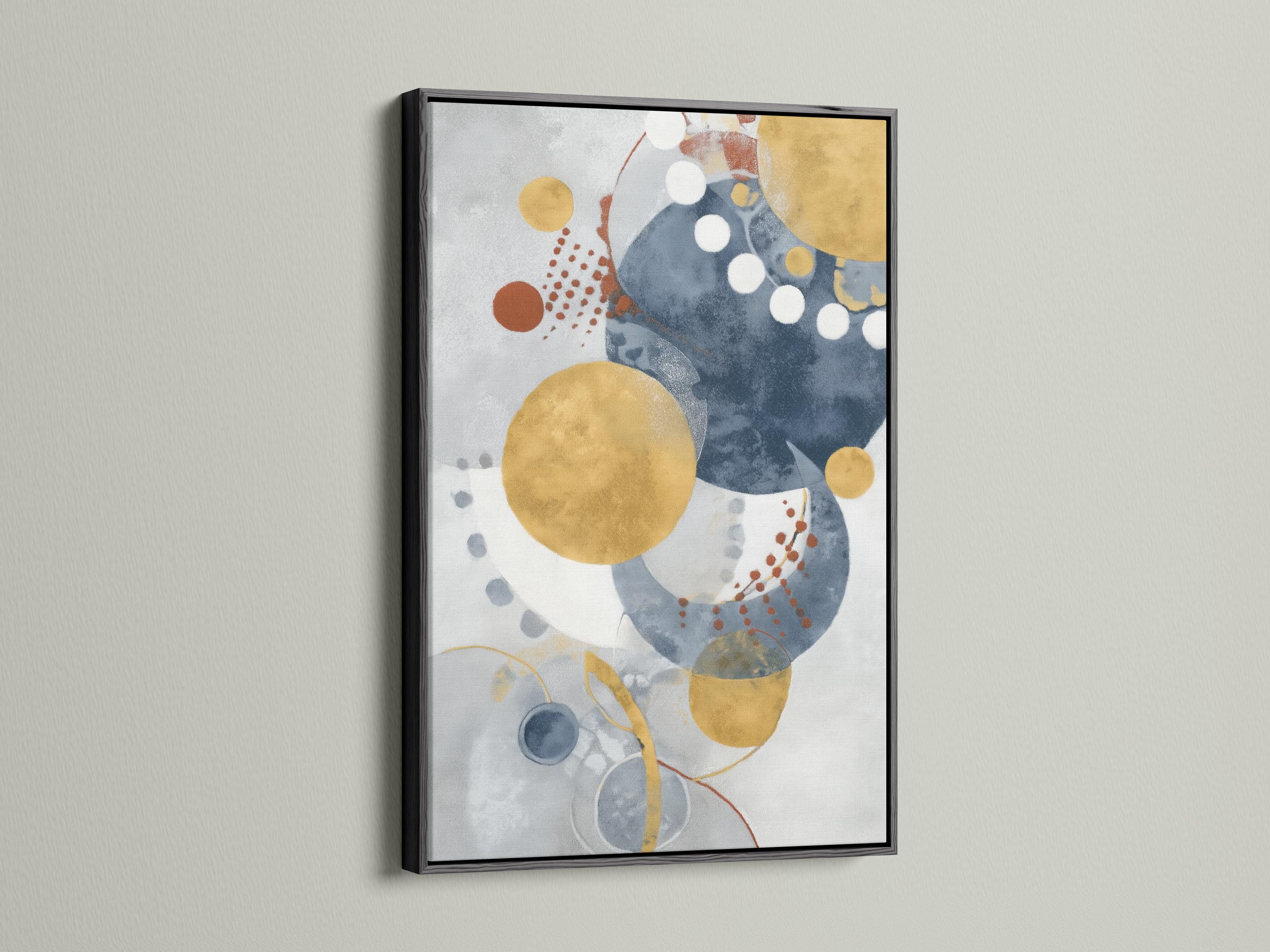 Abstract navy blue and mustard gold circle artwork shown in a framed mockup on a light background