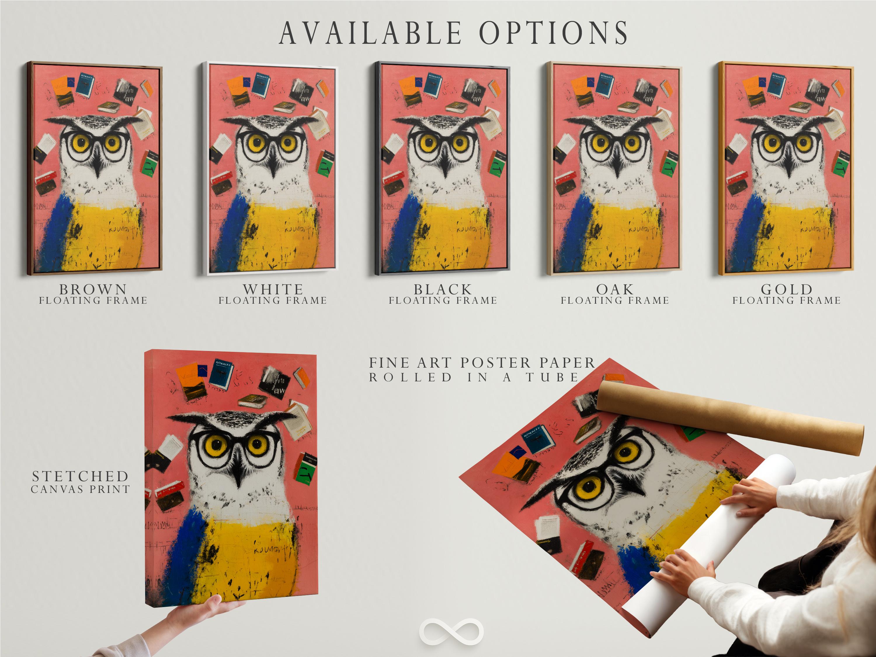 Stylised owl with large yellow eyes surrounded by illustrated books on a coral, blue and yellow background detail view