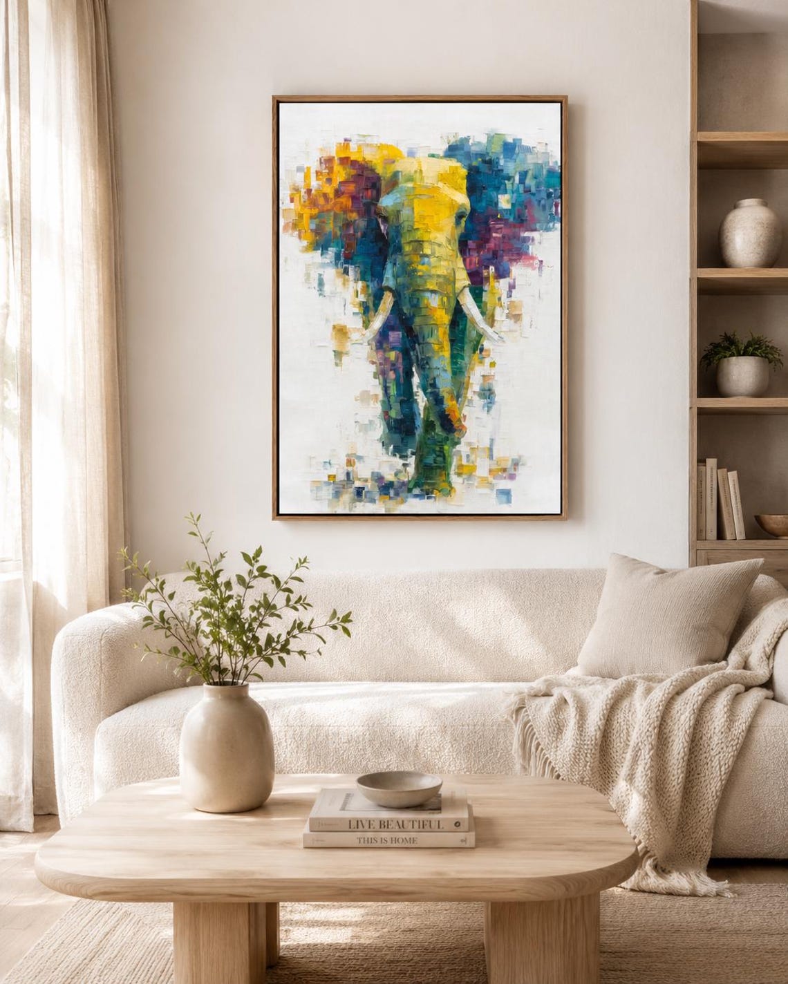 Abstract elephant artwork with layered teal, yellow and magenta colour blocks on an off-white background detail view