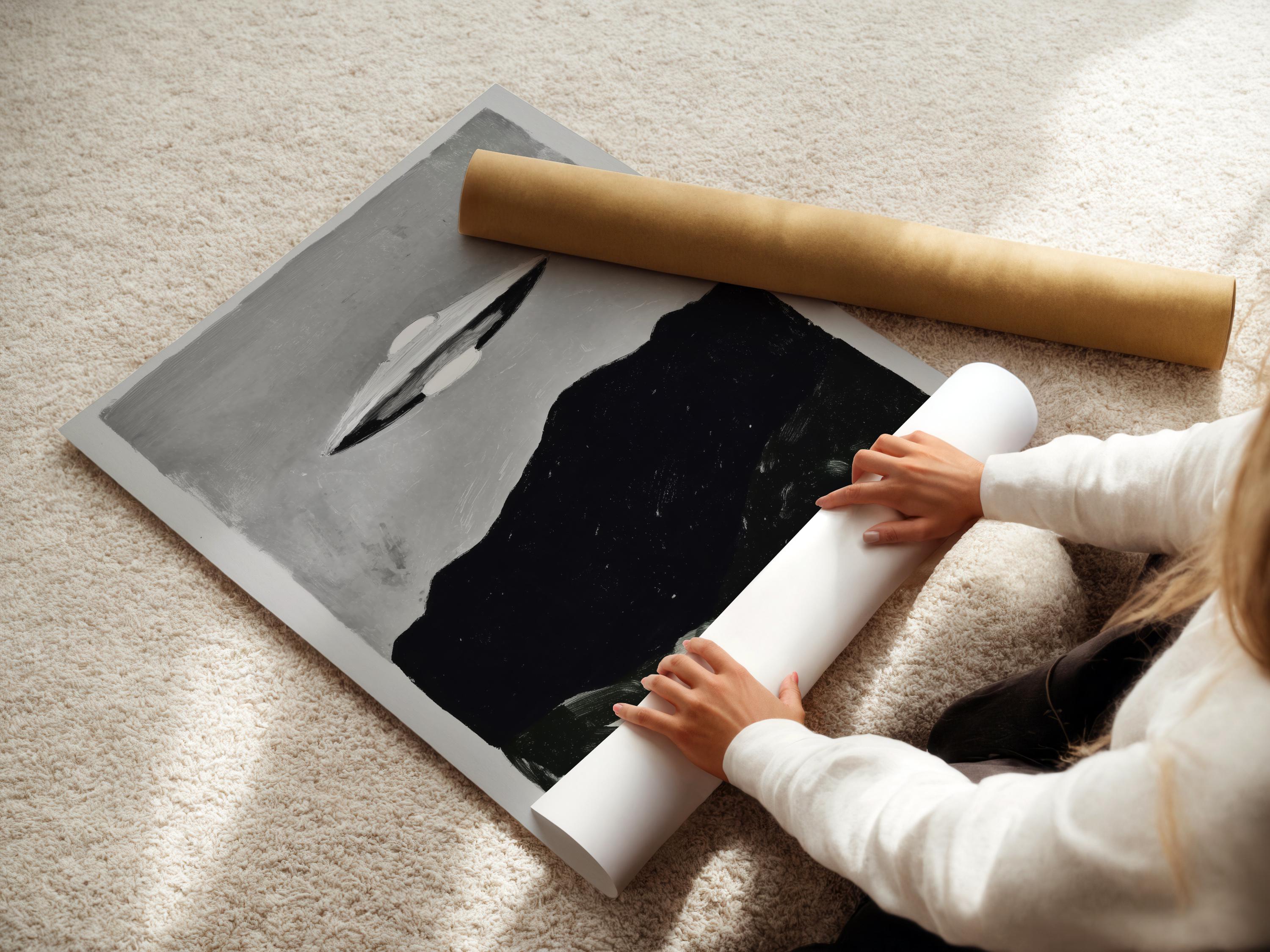 Monochrome painting of a UFO hovering above a dark mountain landscape detail view