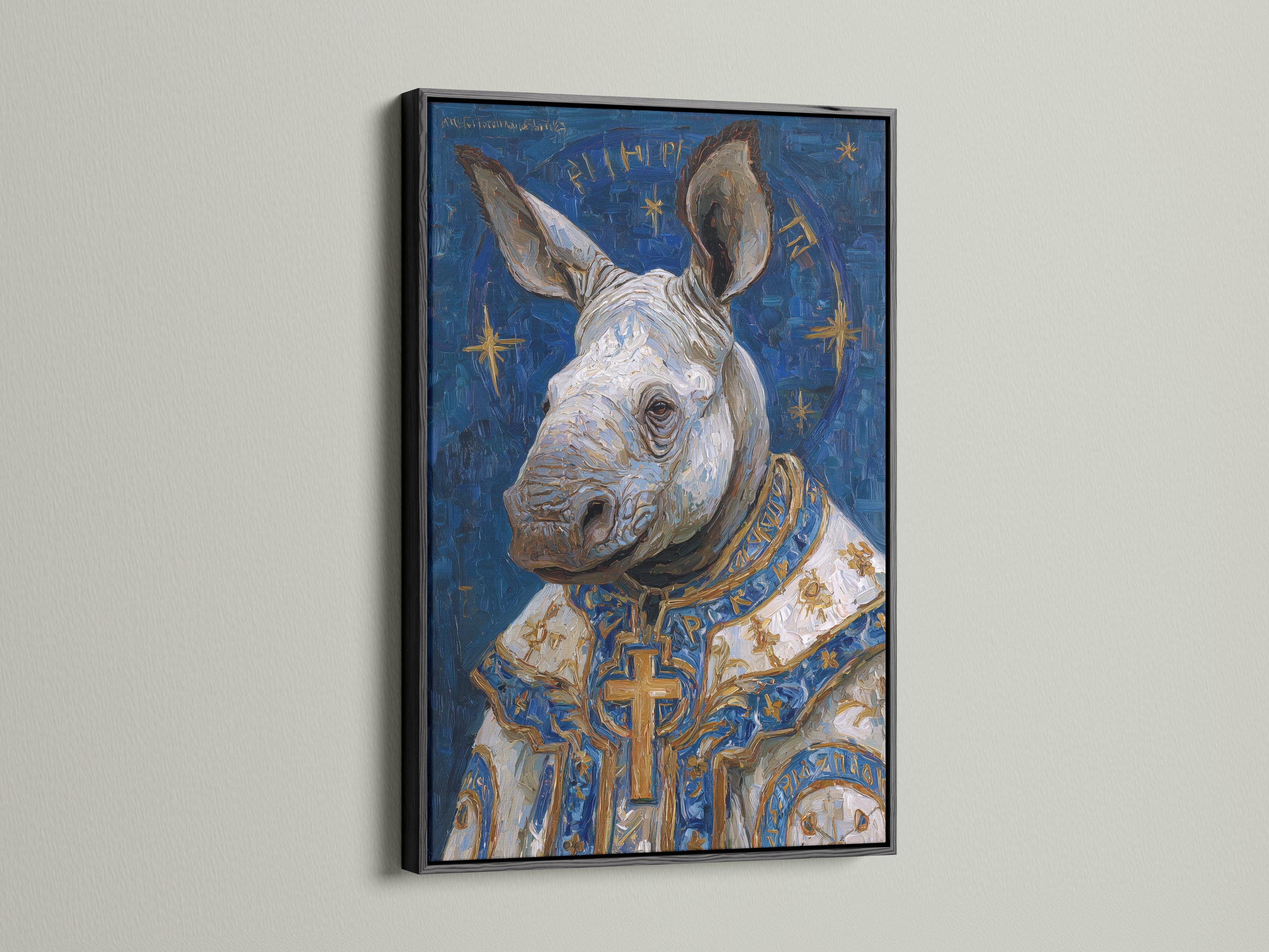 Painted rhino portrait on a deep blue background with gold cross and star-like accents detail view