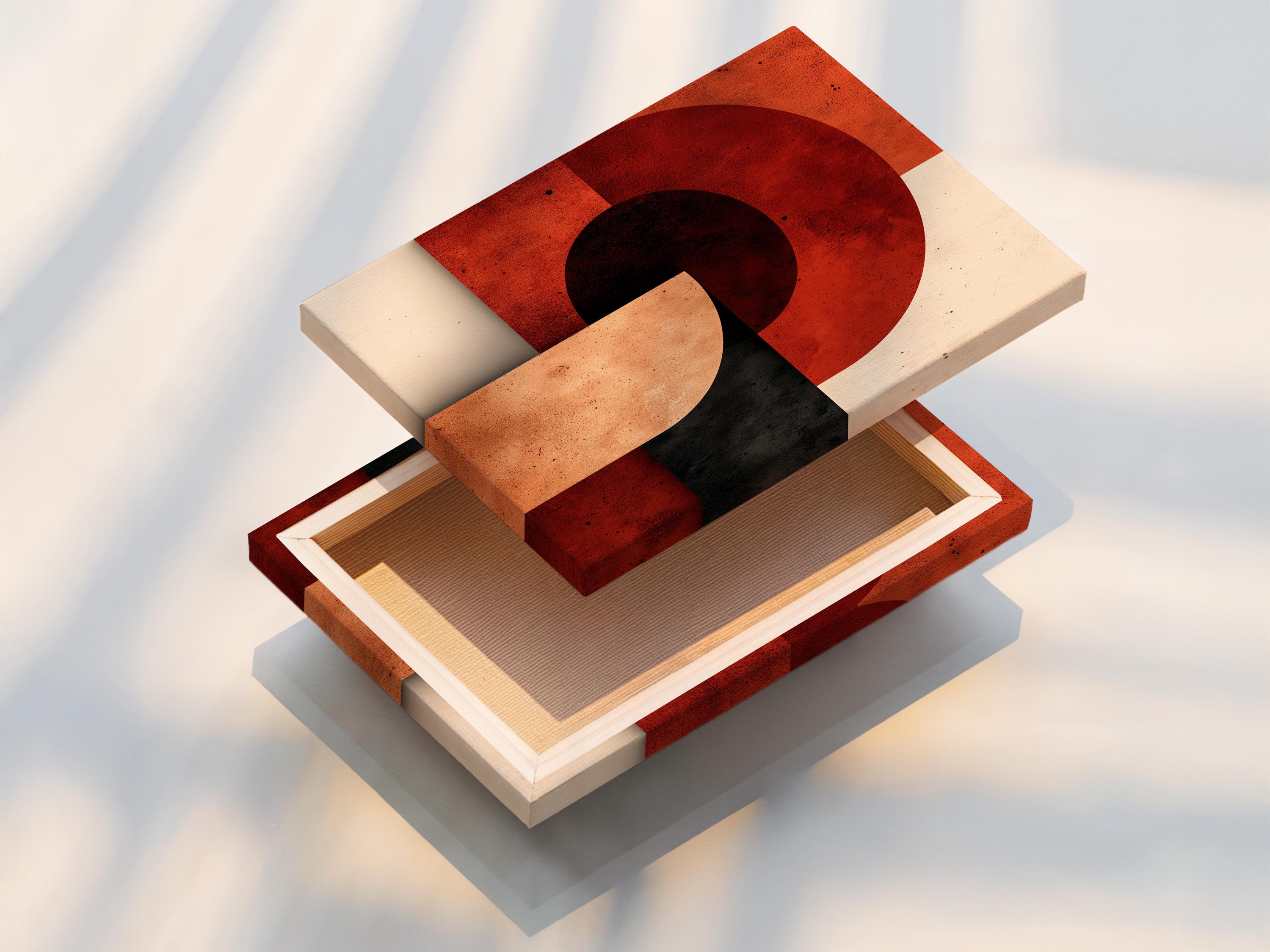 Abstract geometric artwork in a framed setup with rust red, beige and charcoal circles
