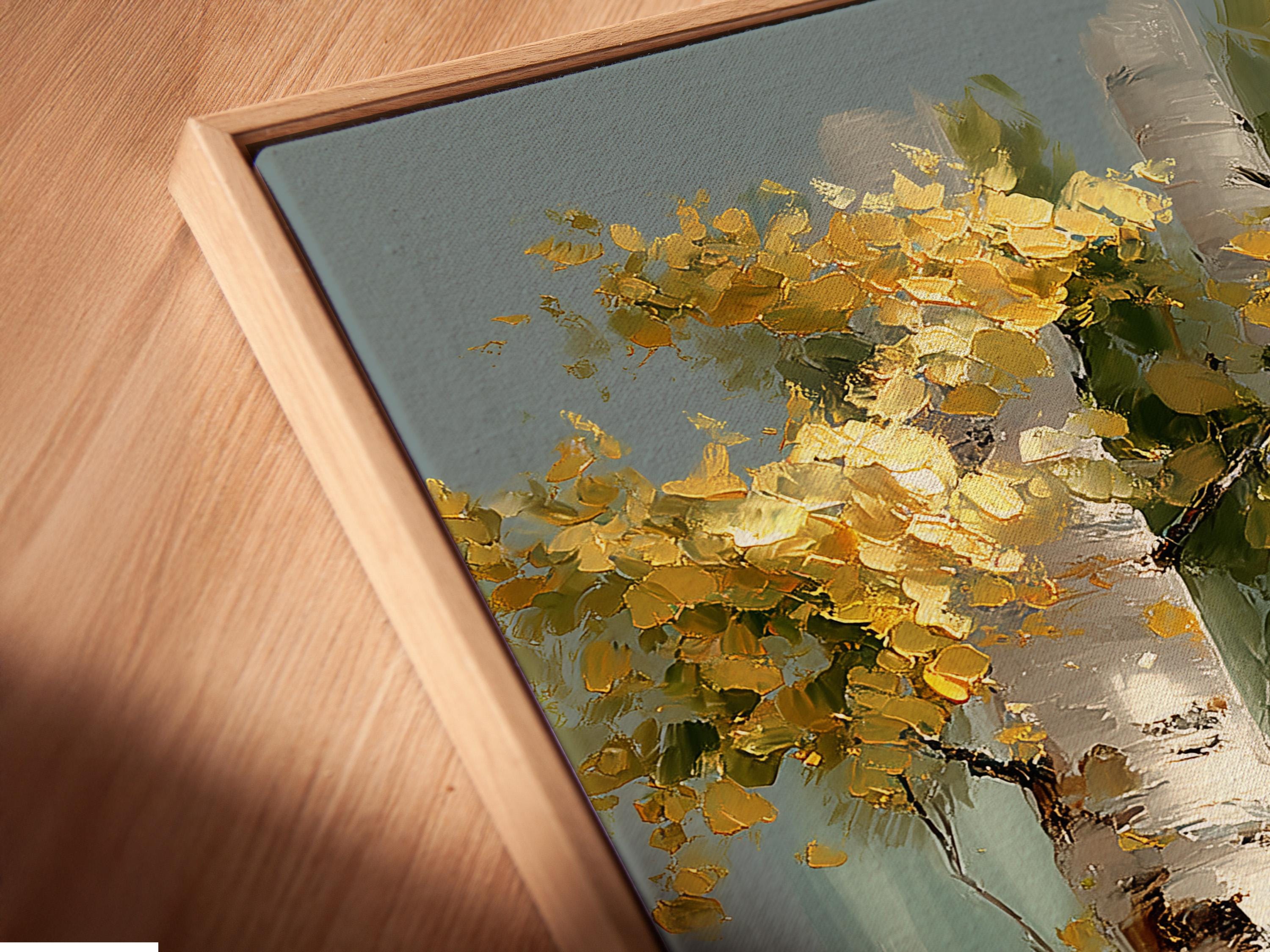 Autumn birch forest painting with golden leaves and white tree trunks on a blue-green background detail view