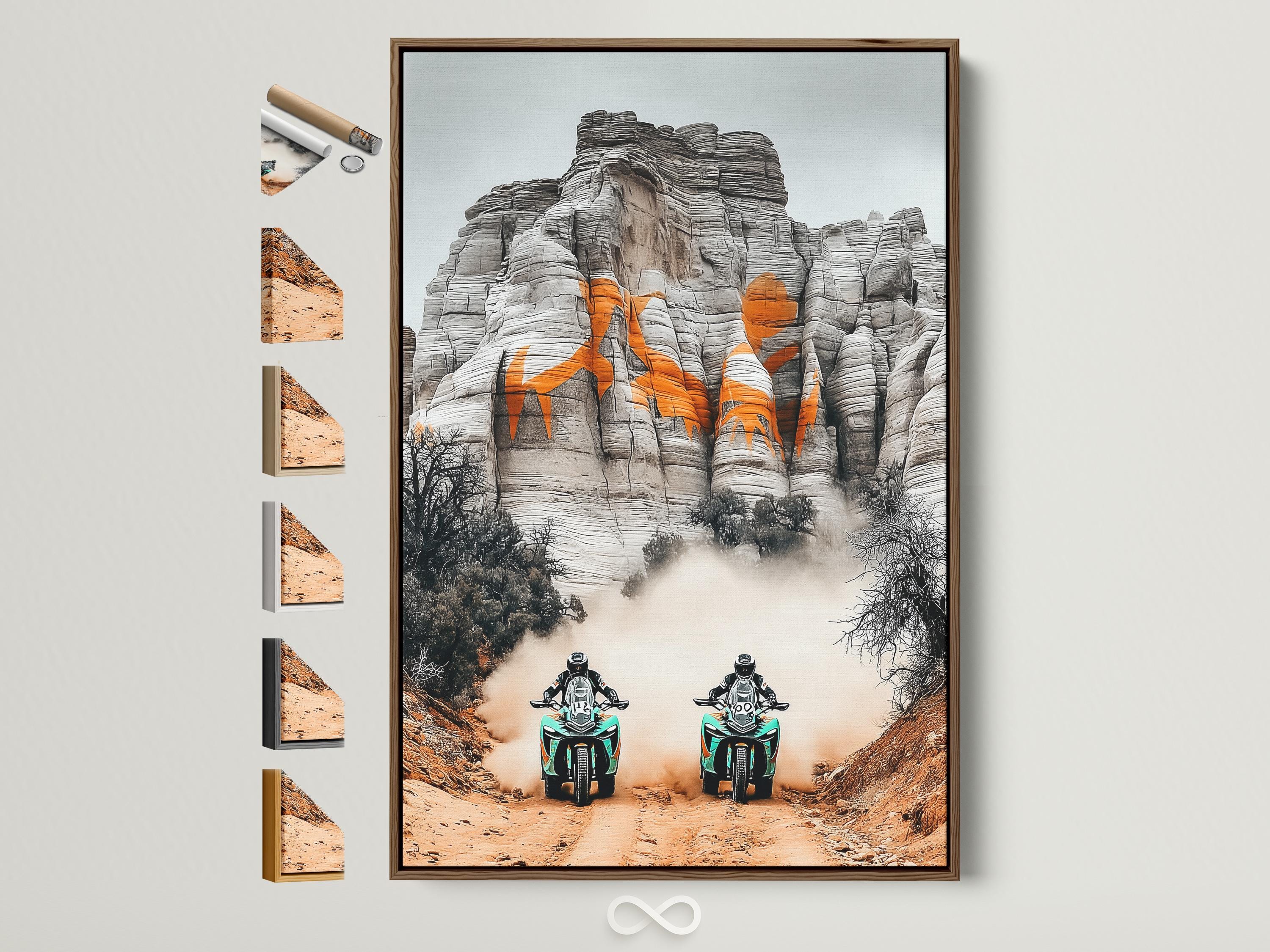 Two off-road motorcycles with turquoise accents racing through desert haze against grey cliffs