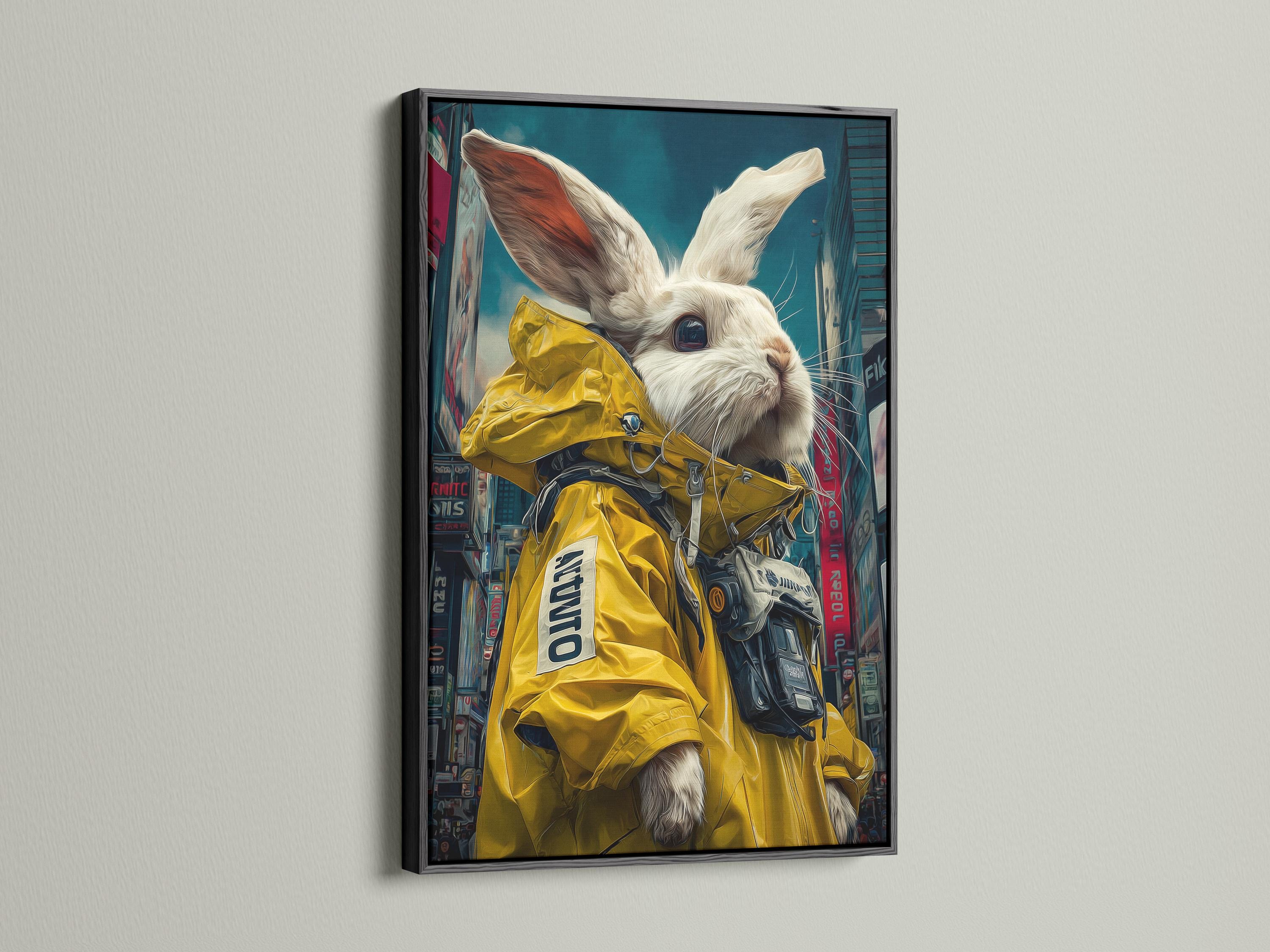 White rabbit wearing a yellow raincoat in a neon cyberpunk city scene detail view