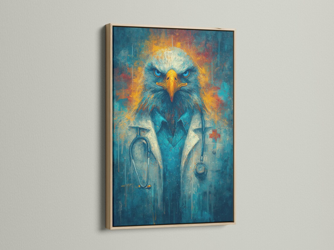 Stylised eagle portrait with vivid blue eyes and gold beak on a textured teal background detail view