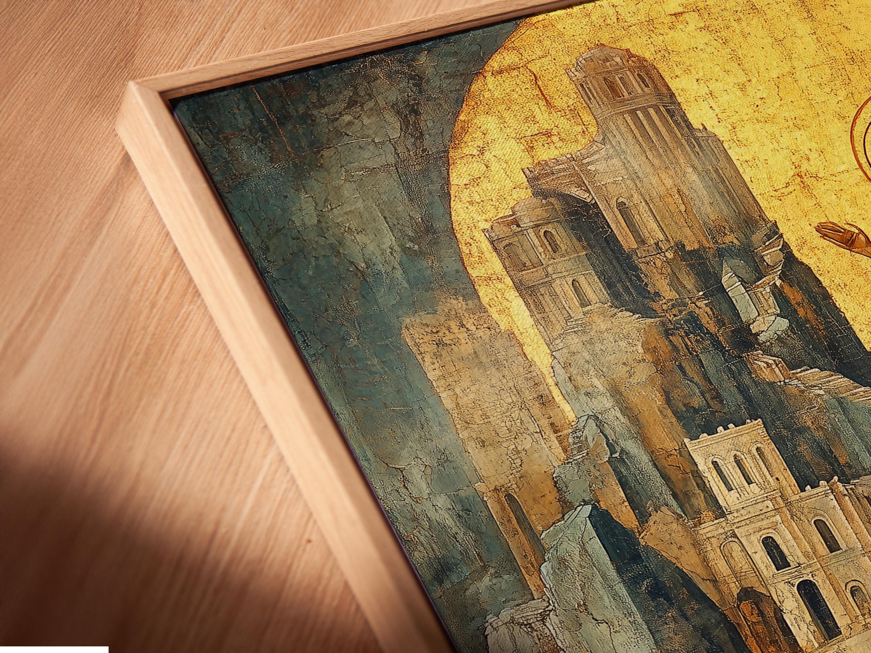 Stylised angel icon with a golden halo standing over a stone cityscape detail view