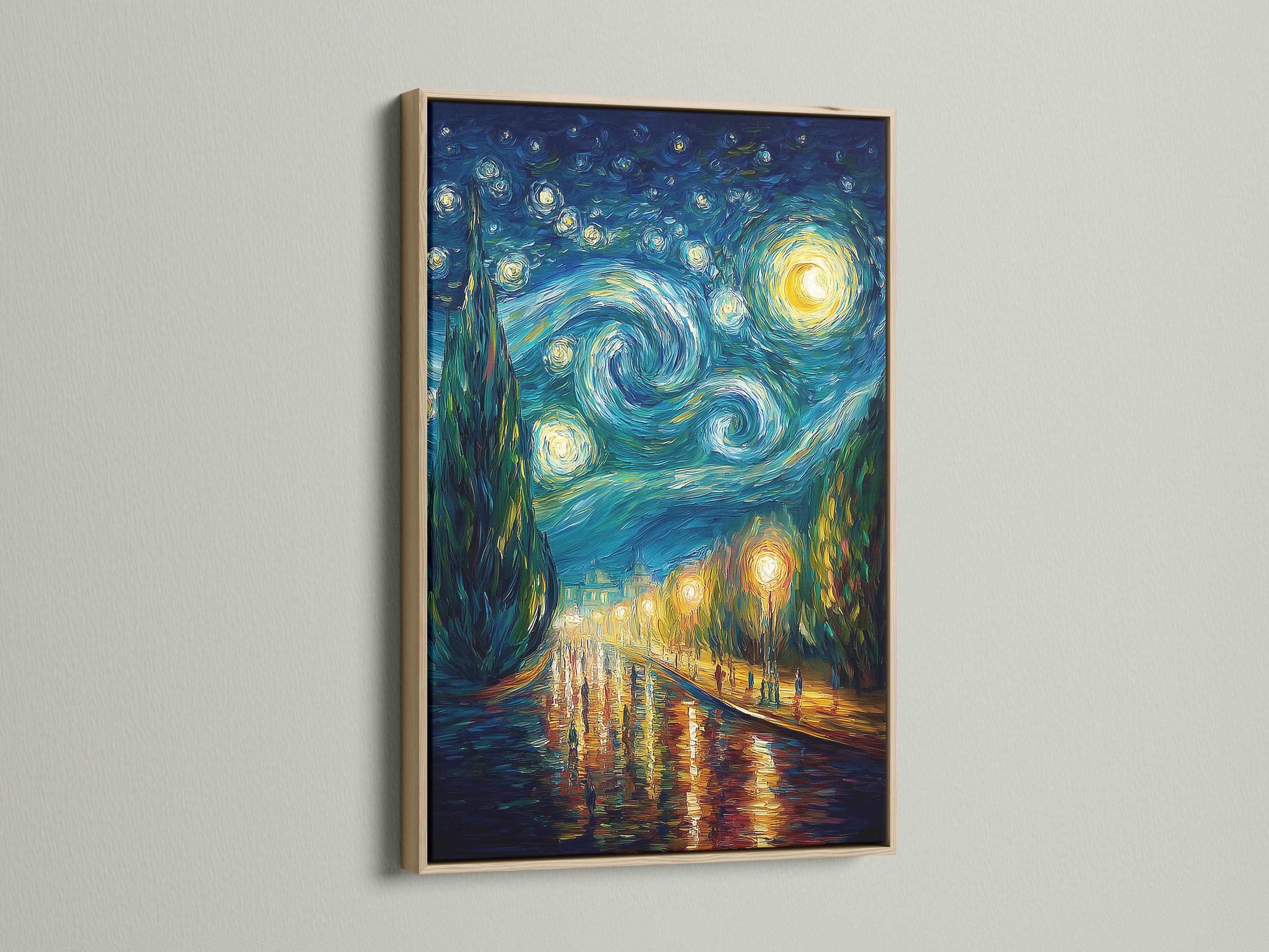 Room mockup showing a framed starry night painting on a light wall