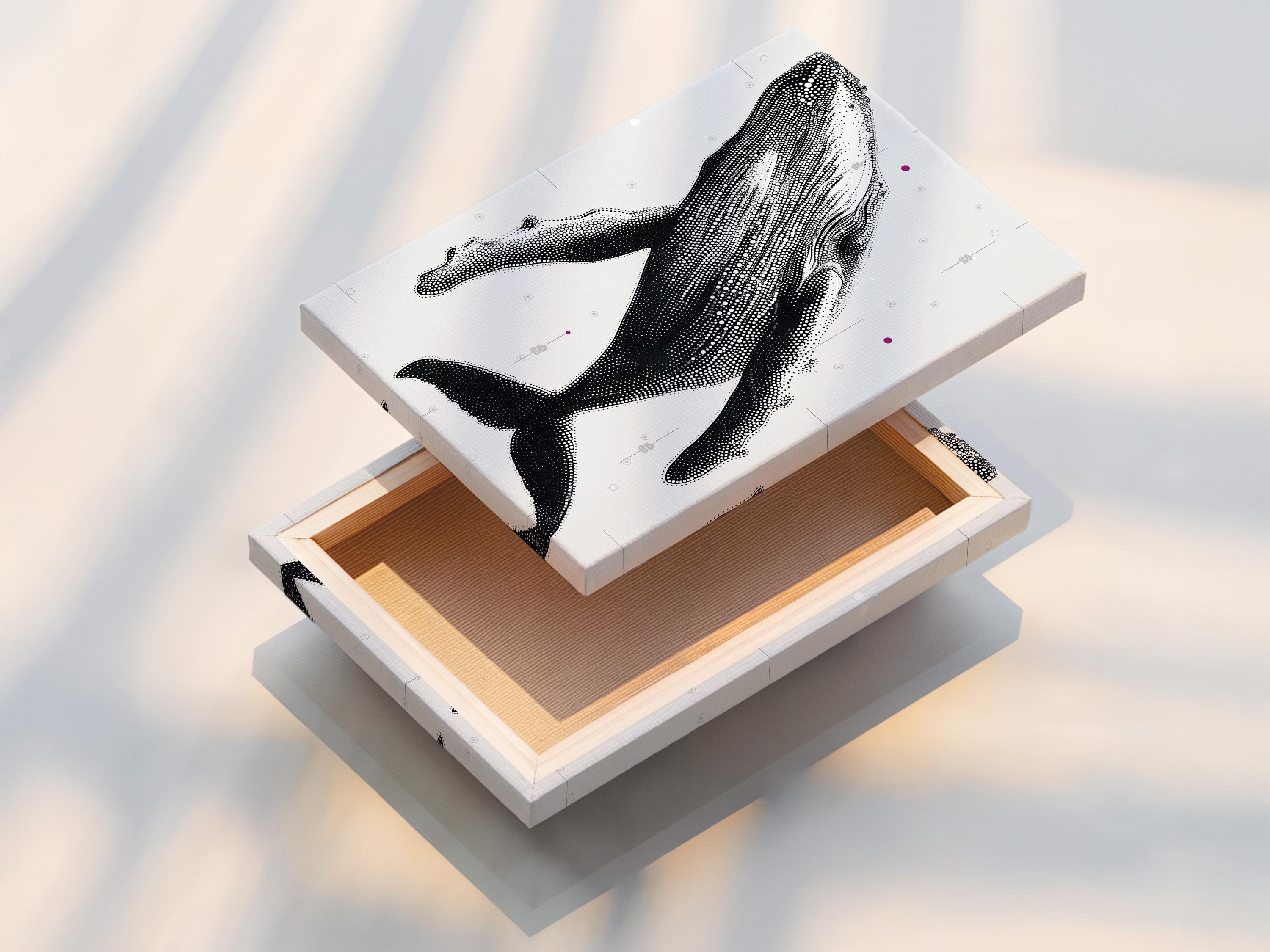 Humpback whale wall art mockup with dotted whale illustration in black and white
