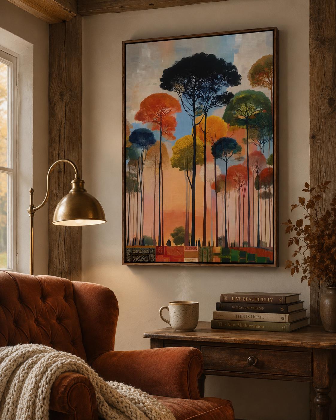 Room mockup with a large framed forest artwork above a sofa