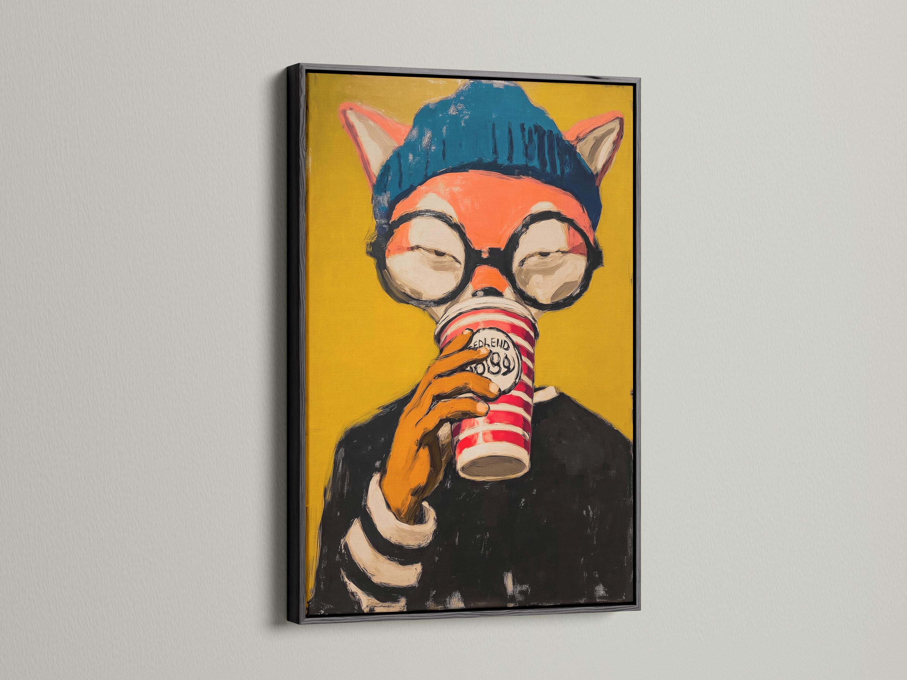 Stylised fox portrait wearing round glasses and a blue beanie, holding a red-and-white striped cup detail view