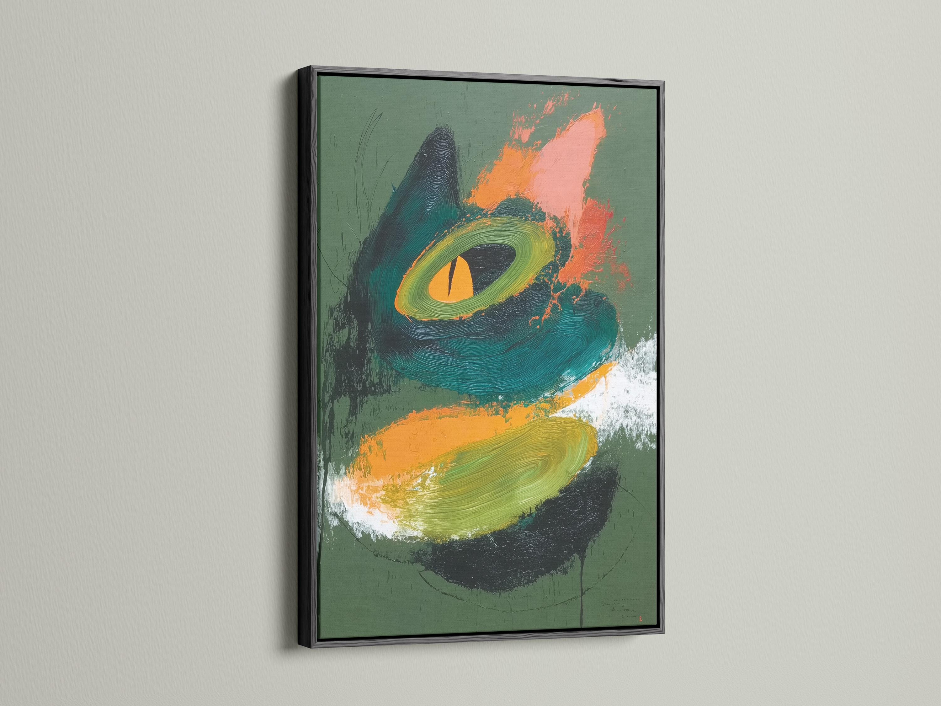 Abstract cat face artwork with green background, teal swirls and orange highlight detail view