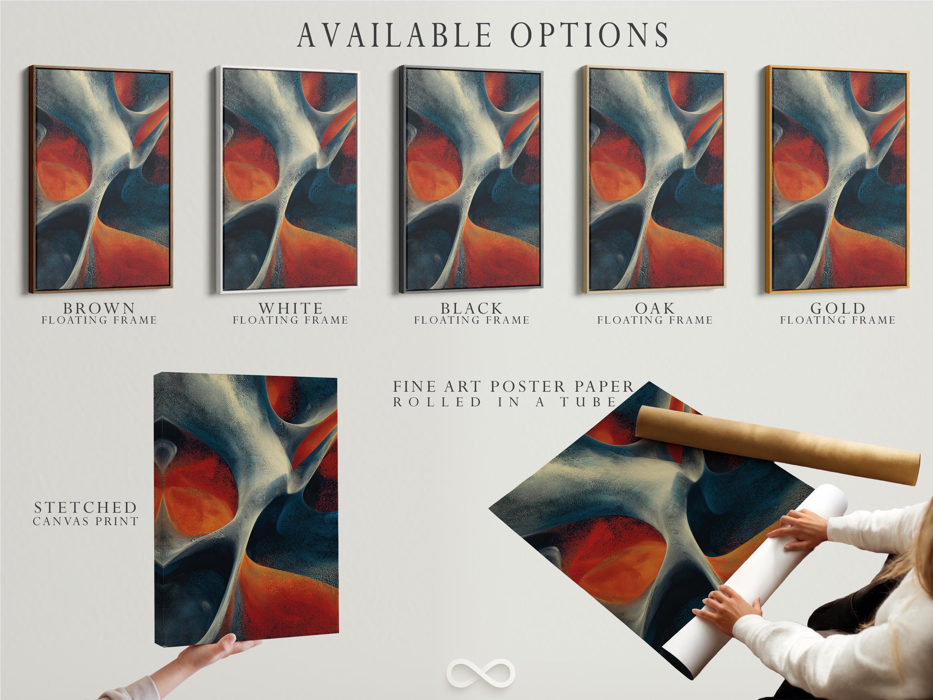 Abstract artwork with cream flowing curves and teal, navy, orange and red textured shapes detail view
