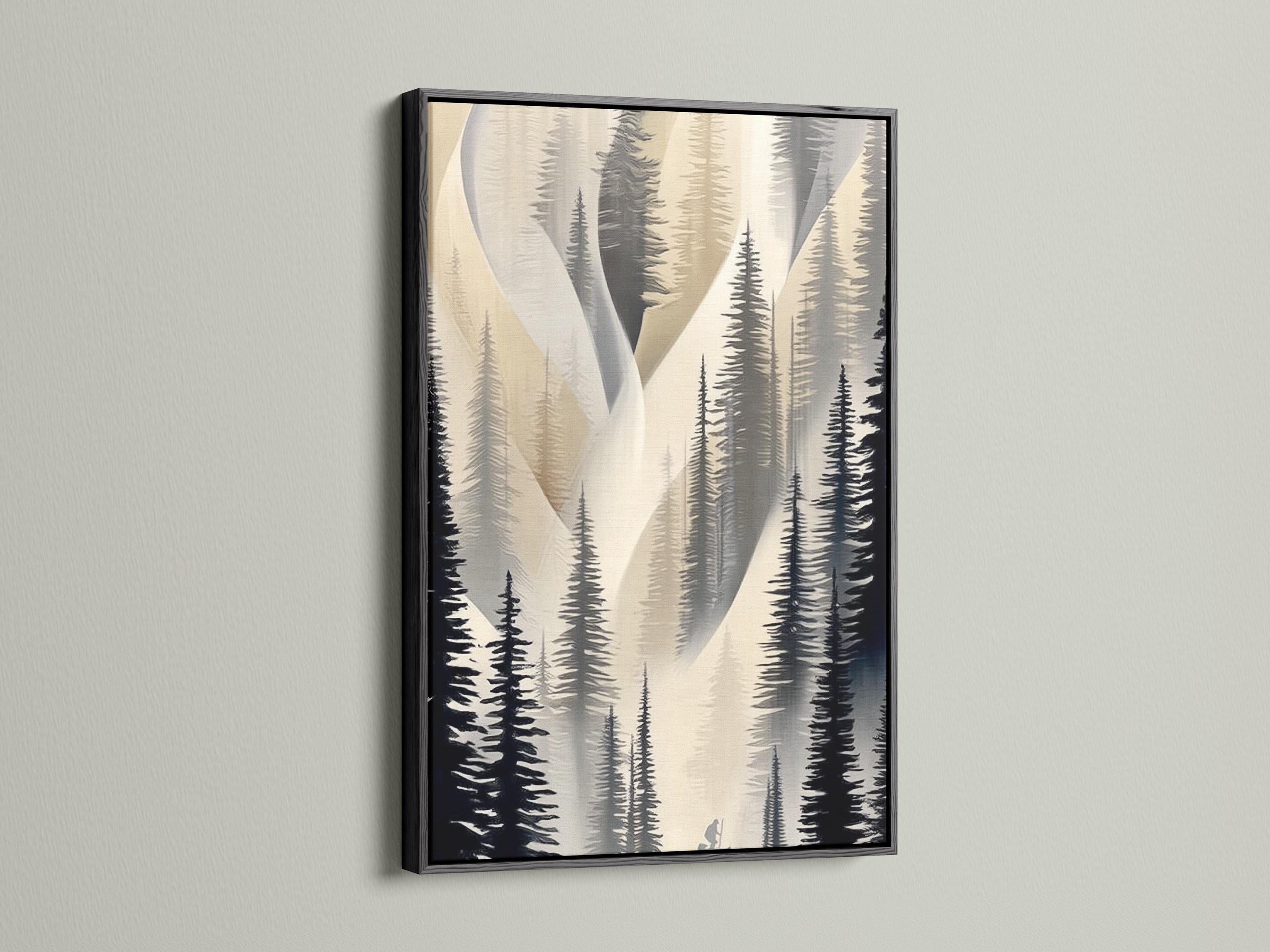 Neutral forest artwork with layered pine silhouettes in beige and charcoal tones detail view