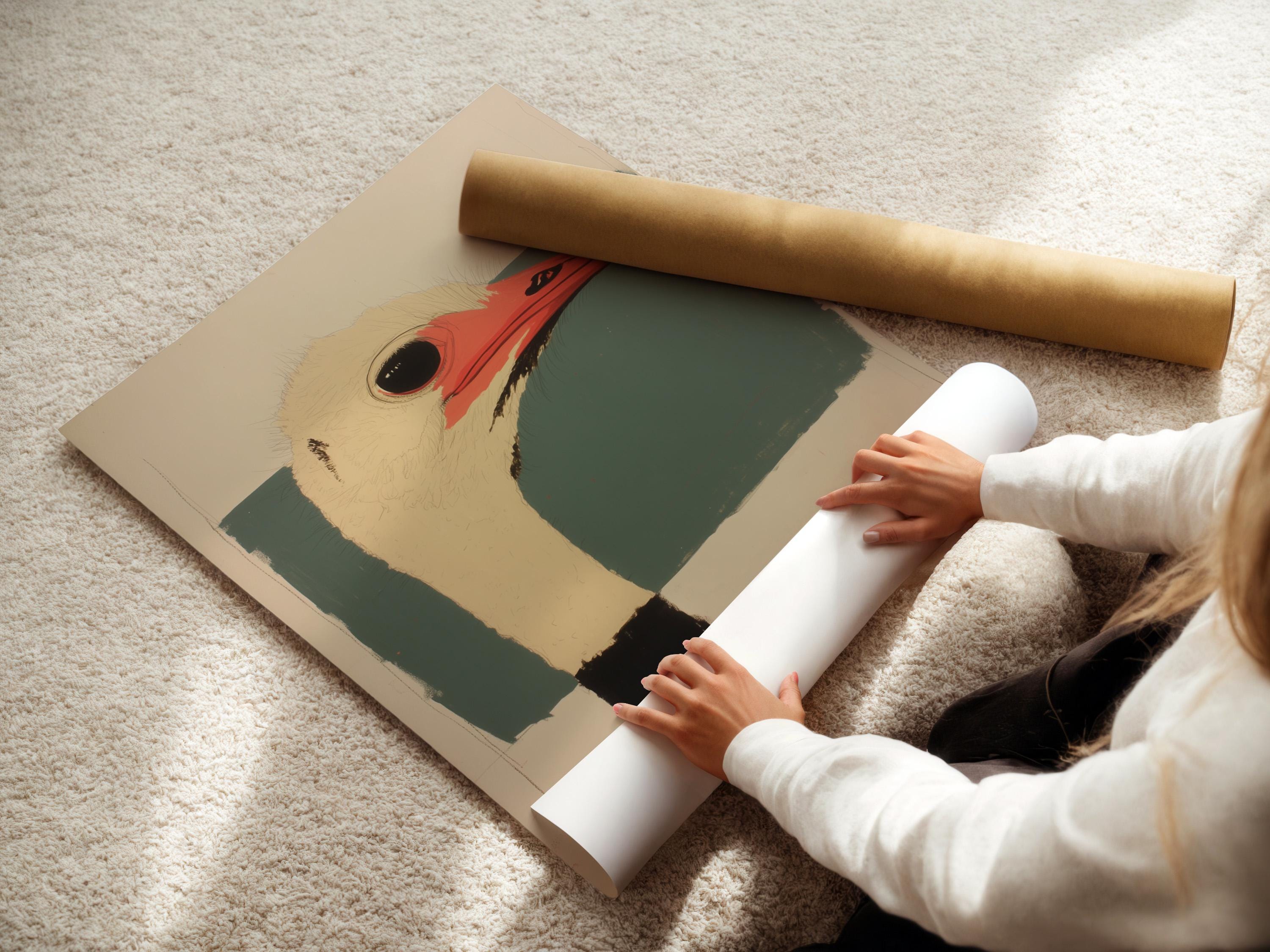 Stylised ostrich head portrait with red beak, dark eye, beige and teal shapes detail view