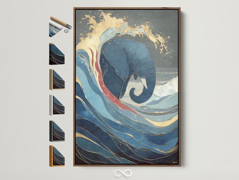 Blue and gold elephant emerging from ocean waves artwork