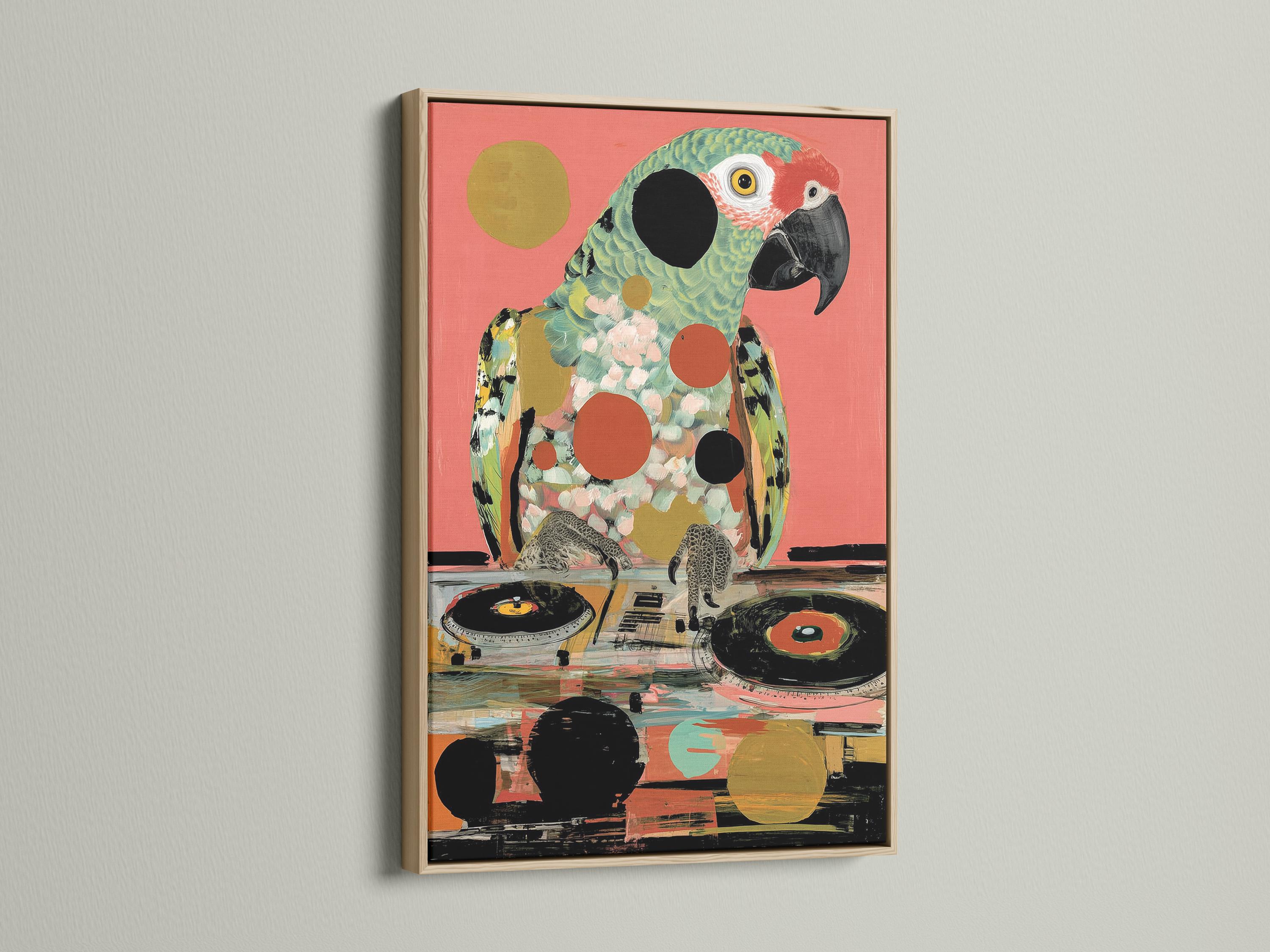 Stylised parrot portrait in hot pink with teal feathers and retro record shapes detail view