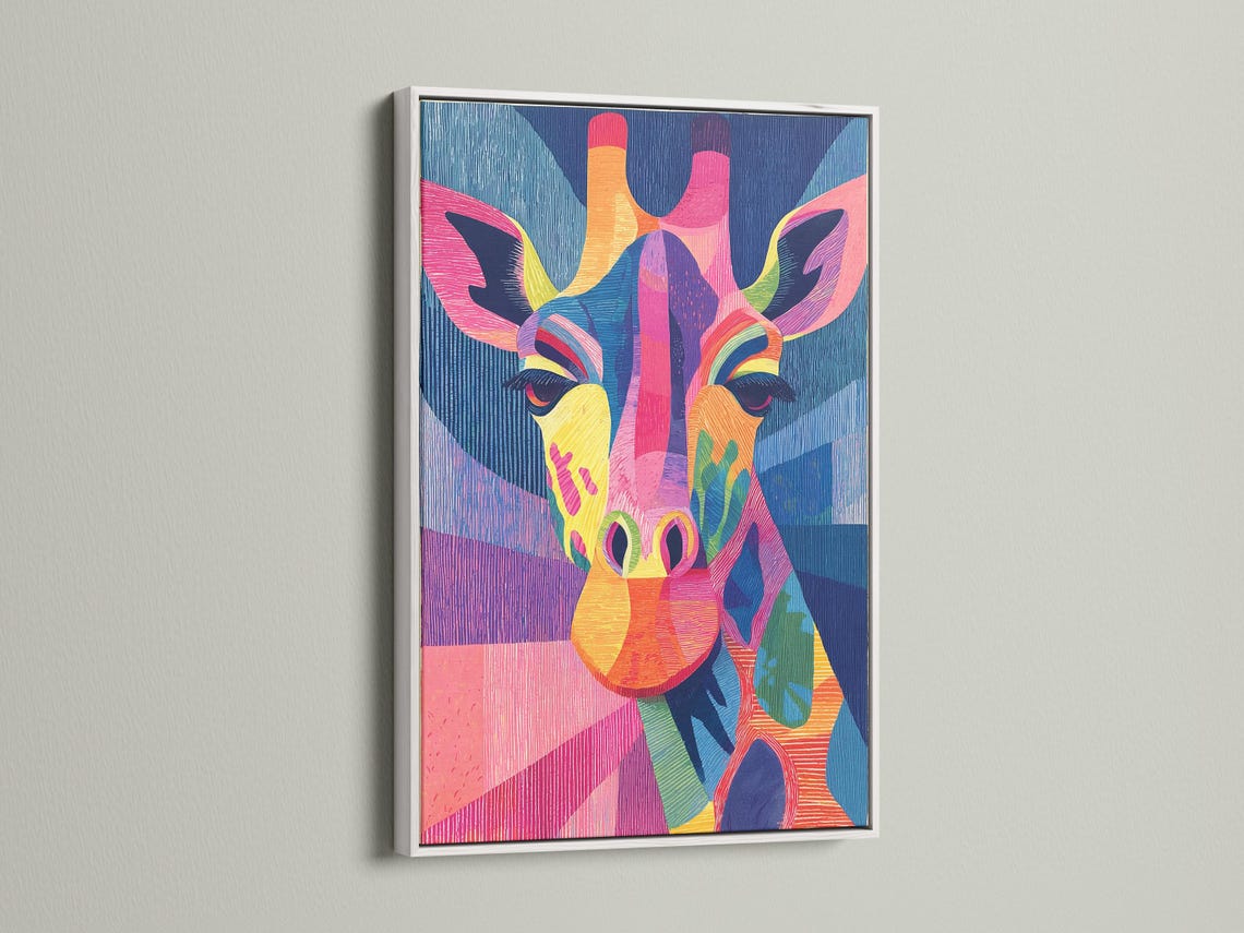 Stylised rainbow giraffe portrait with textured blue, pink and purple geometric background detail view