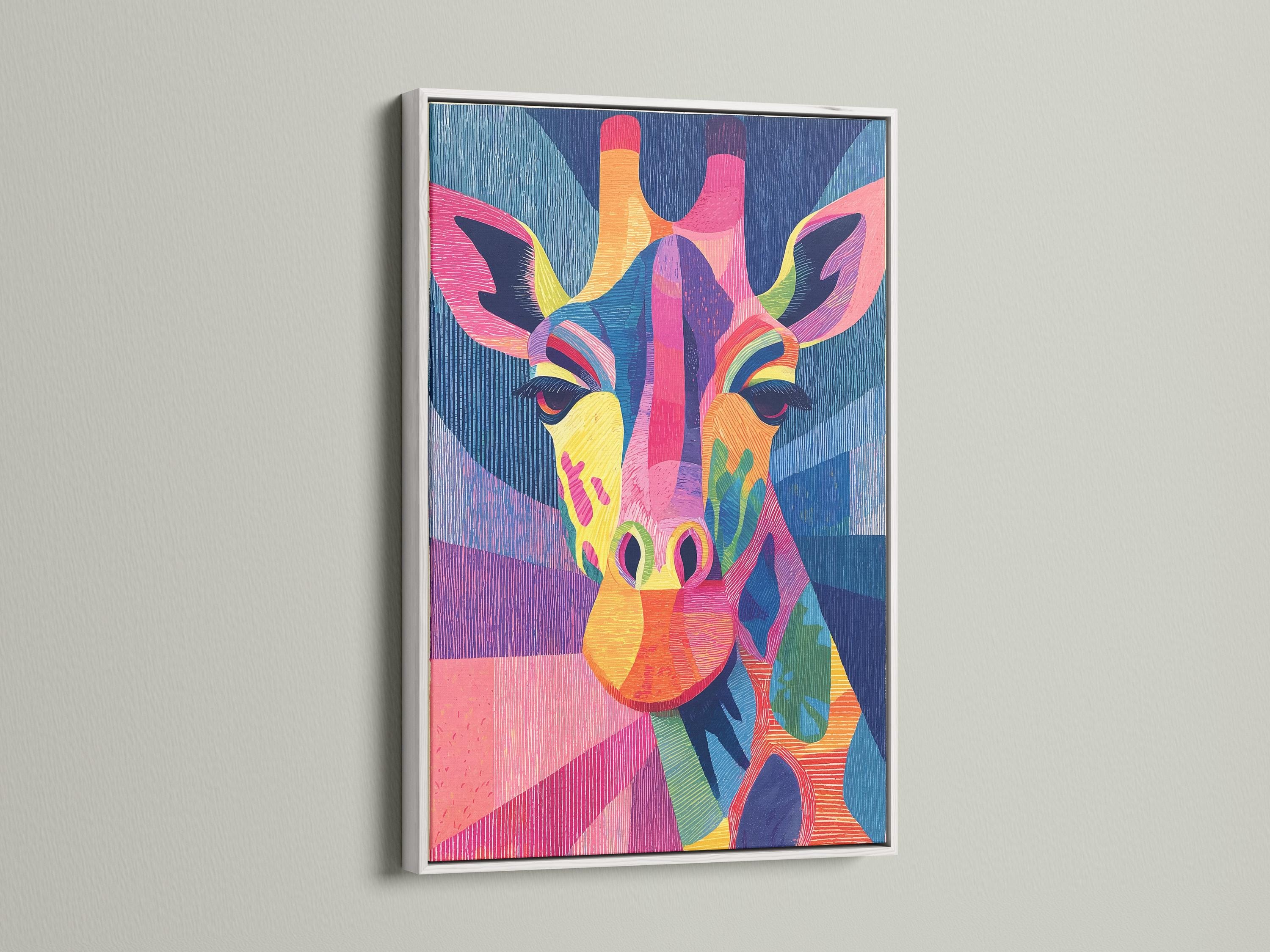 Stylised rainbow giraffe portrait with textured blue, pink and purple geometric background detail view