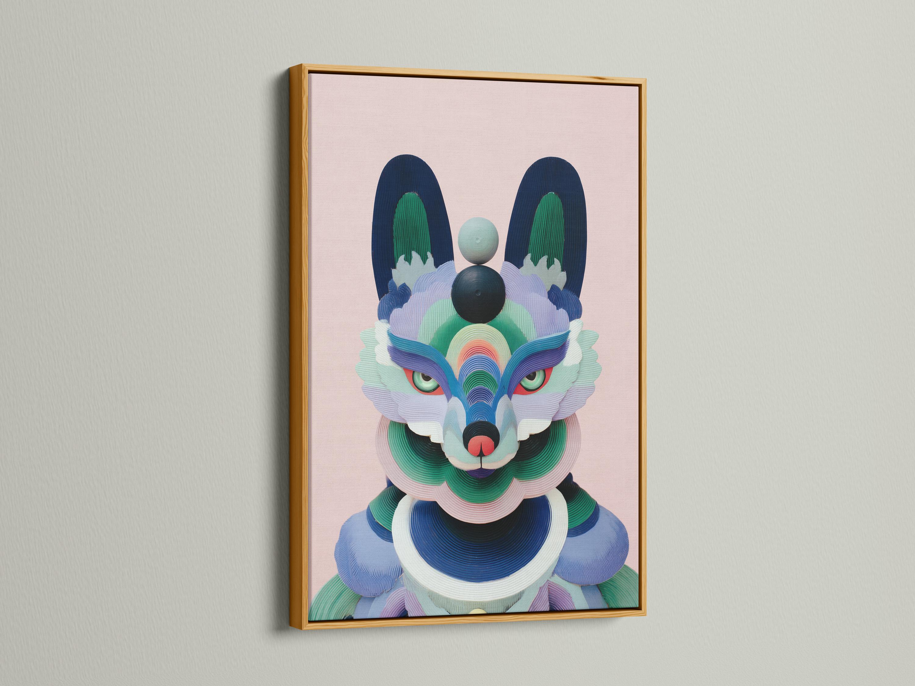 Stylised pastel fox portrait with layered geometric fur shapes on a pink background detail view