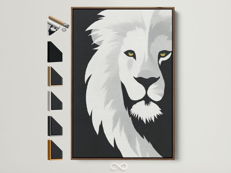 Monochrome lion portrait artwork with stylised mane and yellow-green eye highlights