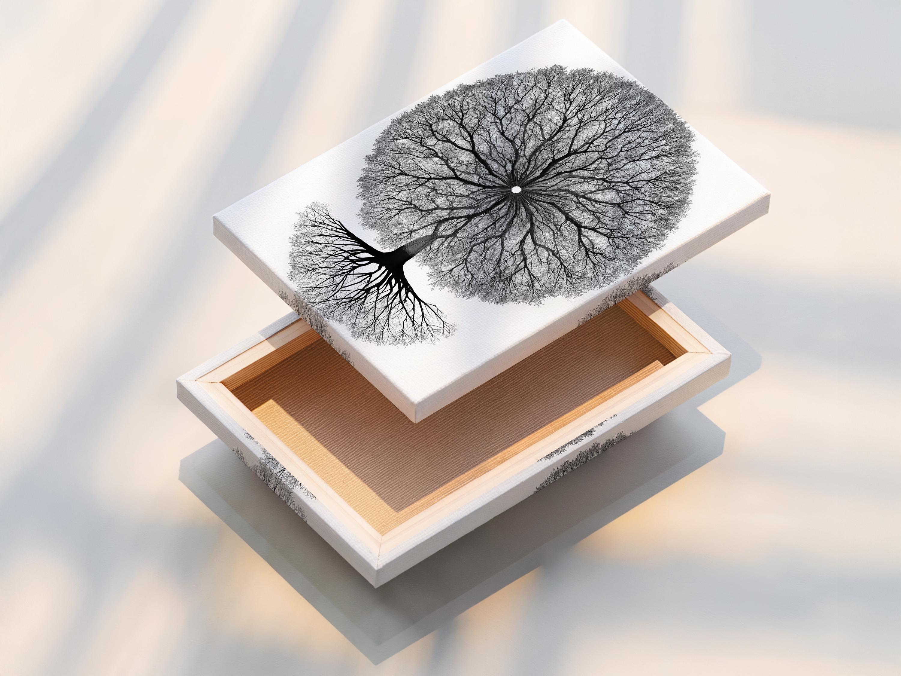 Monochrome tree of life artwork with a circular mandala-like canopy of branches and roots detail view