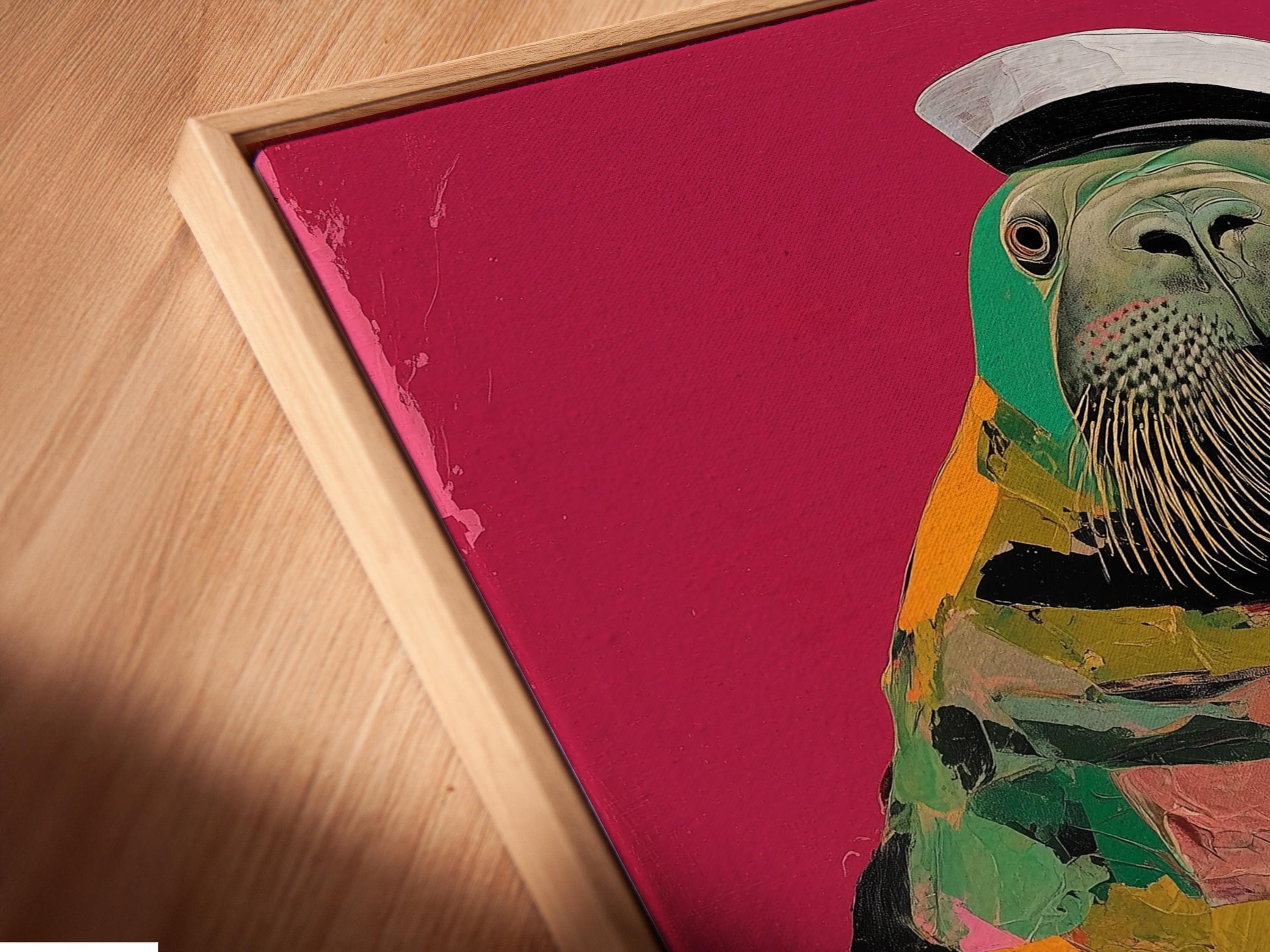 Stylised walrus wearing a captain hat with a striped cup of fries on a hot pink background detail view