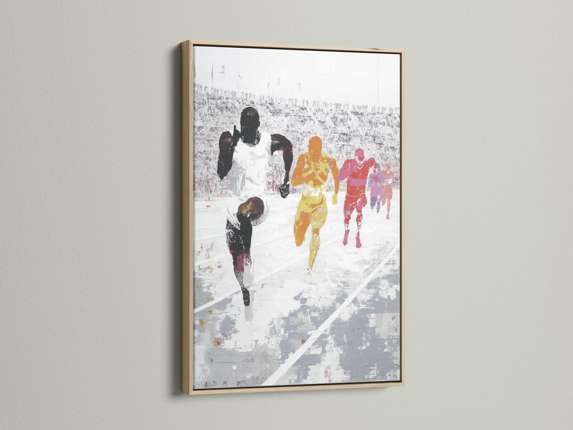 Painted runners race scene with dark silhouettes and orange, yellow and red highlights detail view