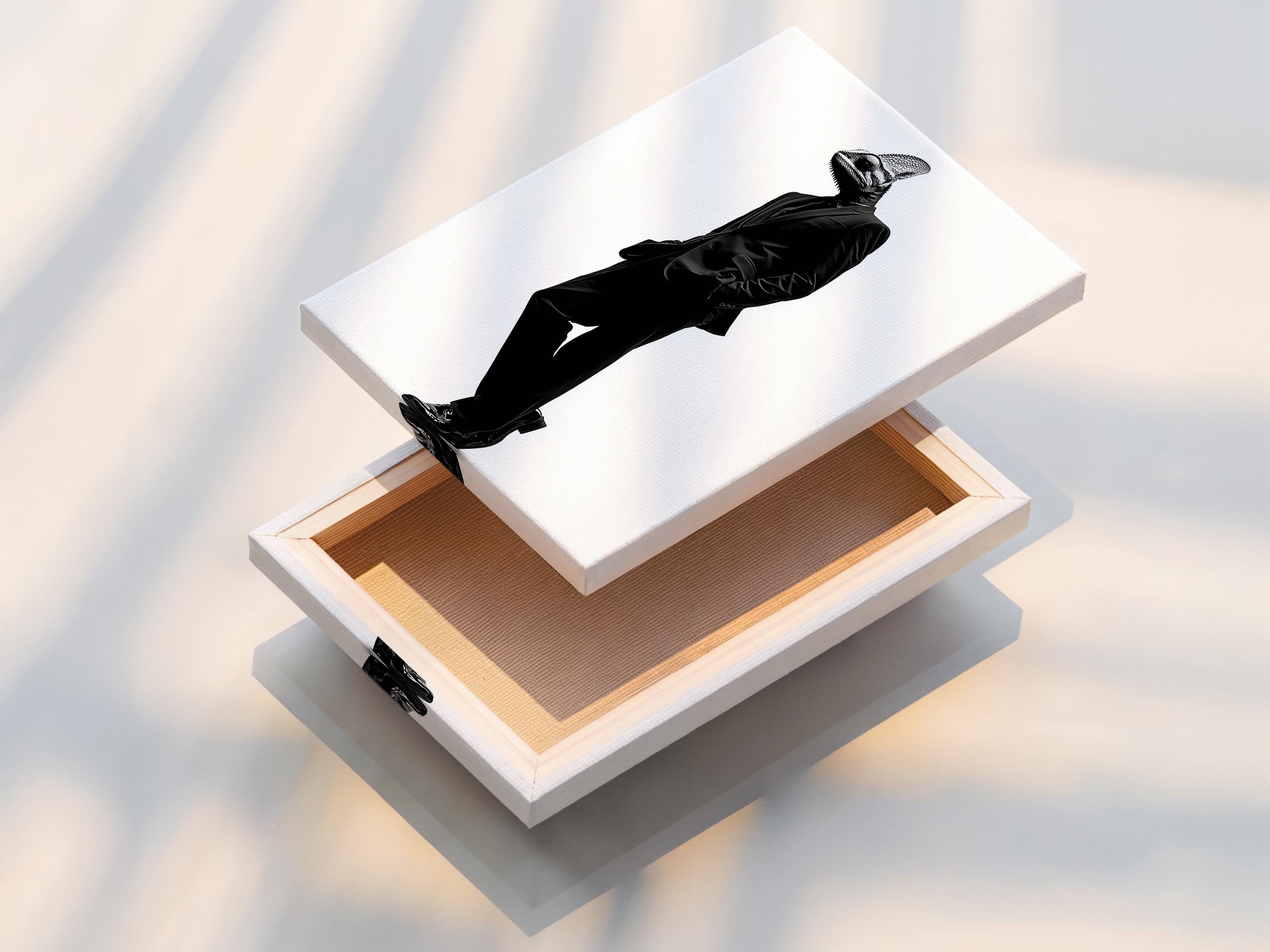 A monochrome chameleon head and suited figure walk in profile against a bright white background, rendered in high-contrast ink-like detail detail view