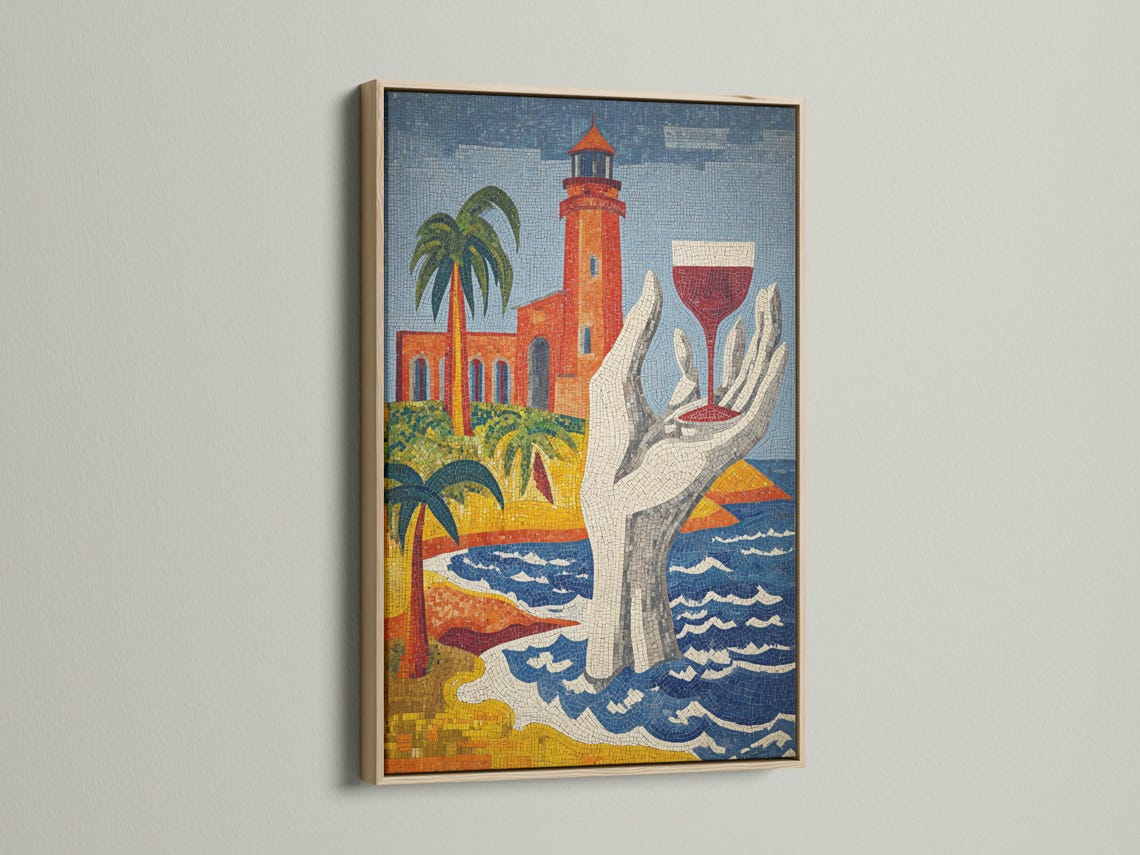 Mosaic lighthouse artwork with palm trees, a lifebuoy and blue wavy sea patterns detail view