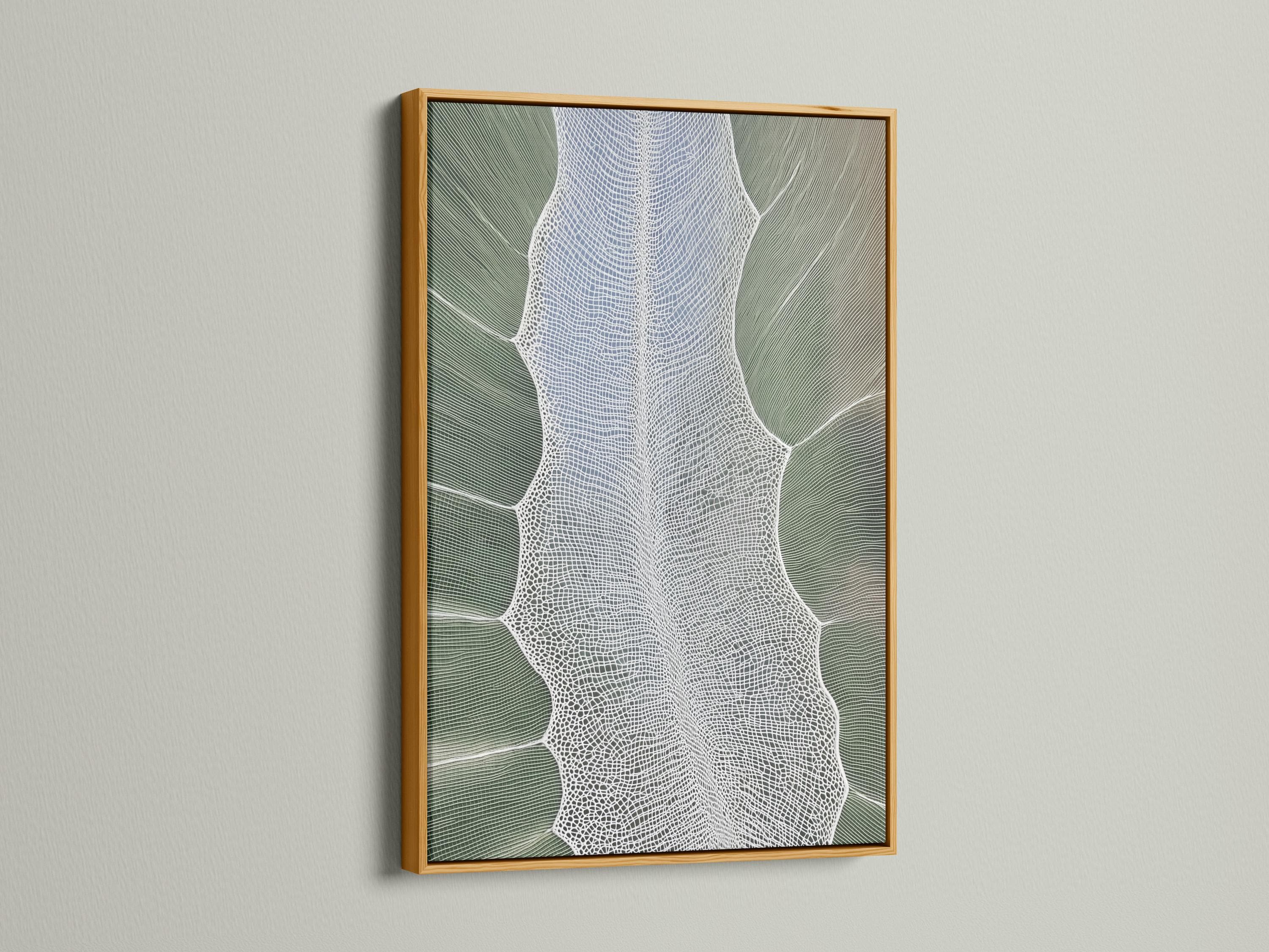 Sage green textured leaf silhouette artwork with a white net-like pattern detail view