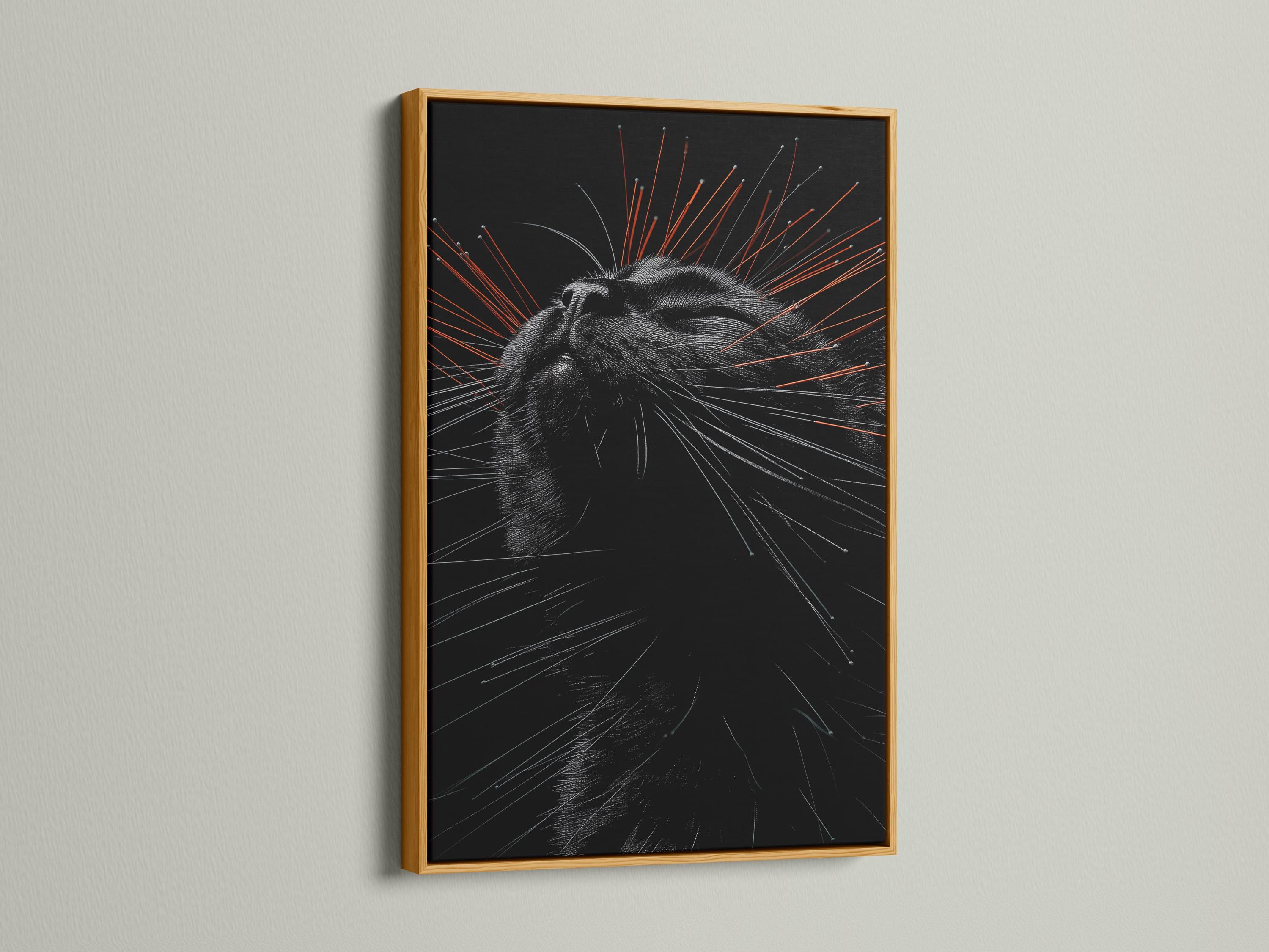 Stylised black cat portrait with radiating grey lines and orange streak accents detail view