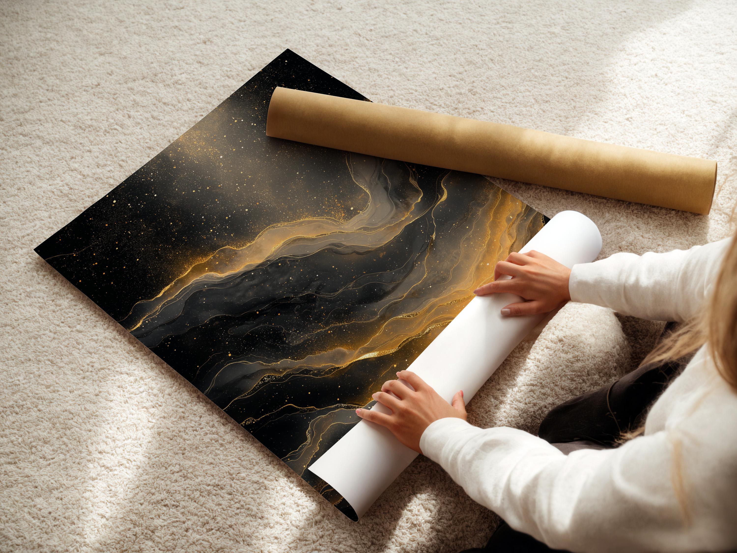 Black and gold abstract artwork with glowing vein-like lines and sparkling speckles detail view