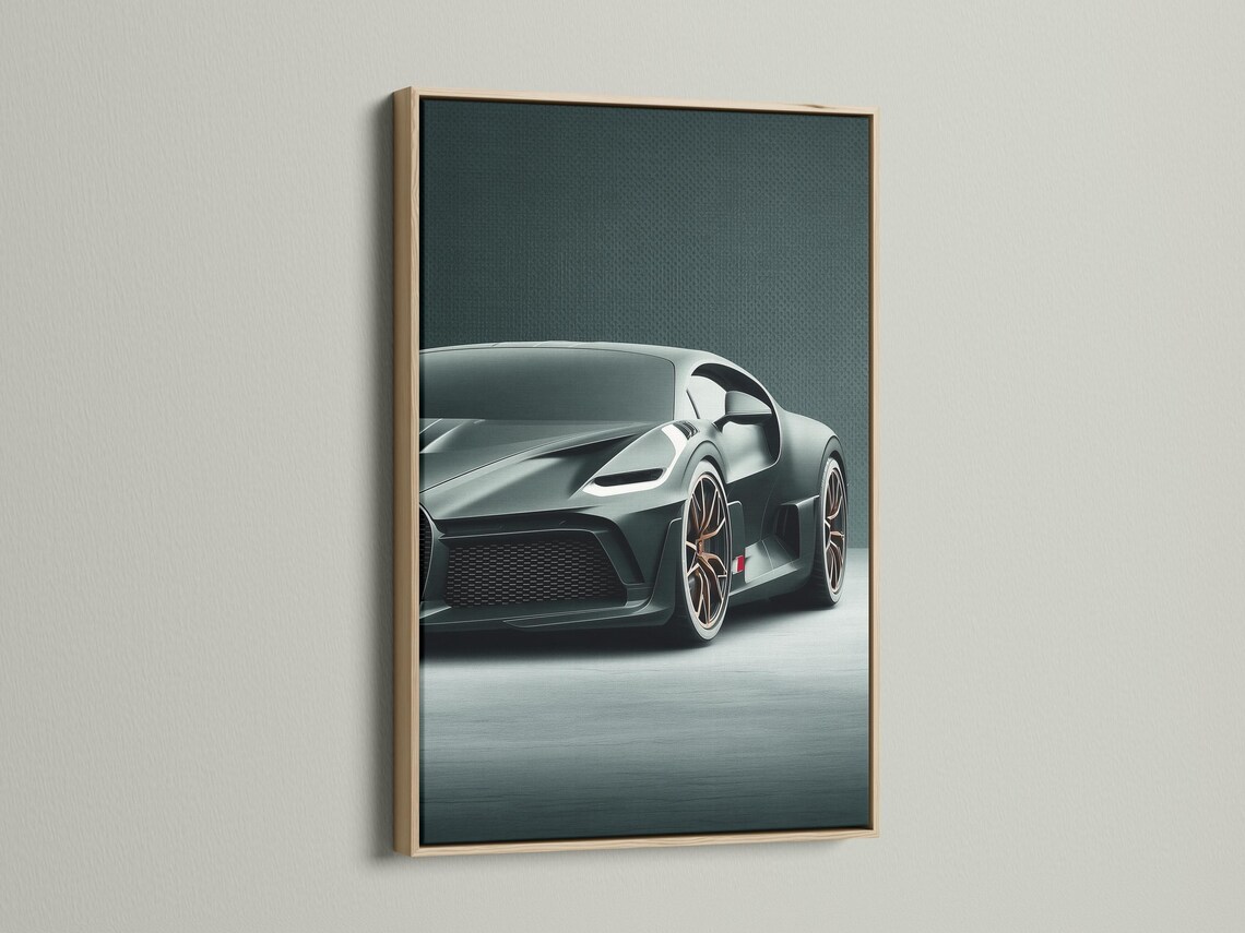 A sleek modern sports car is shown in a low-angle three-quarter view, set against a textured teal background with a cool grey floor detail view