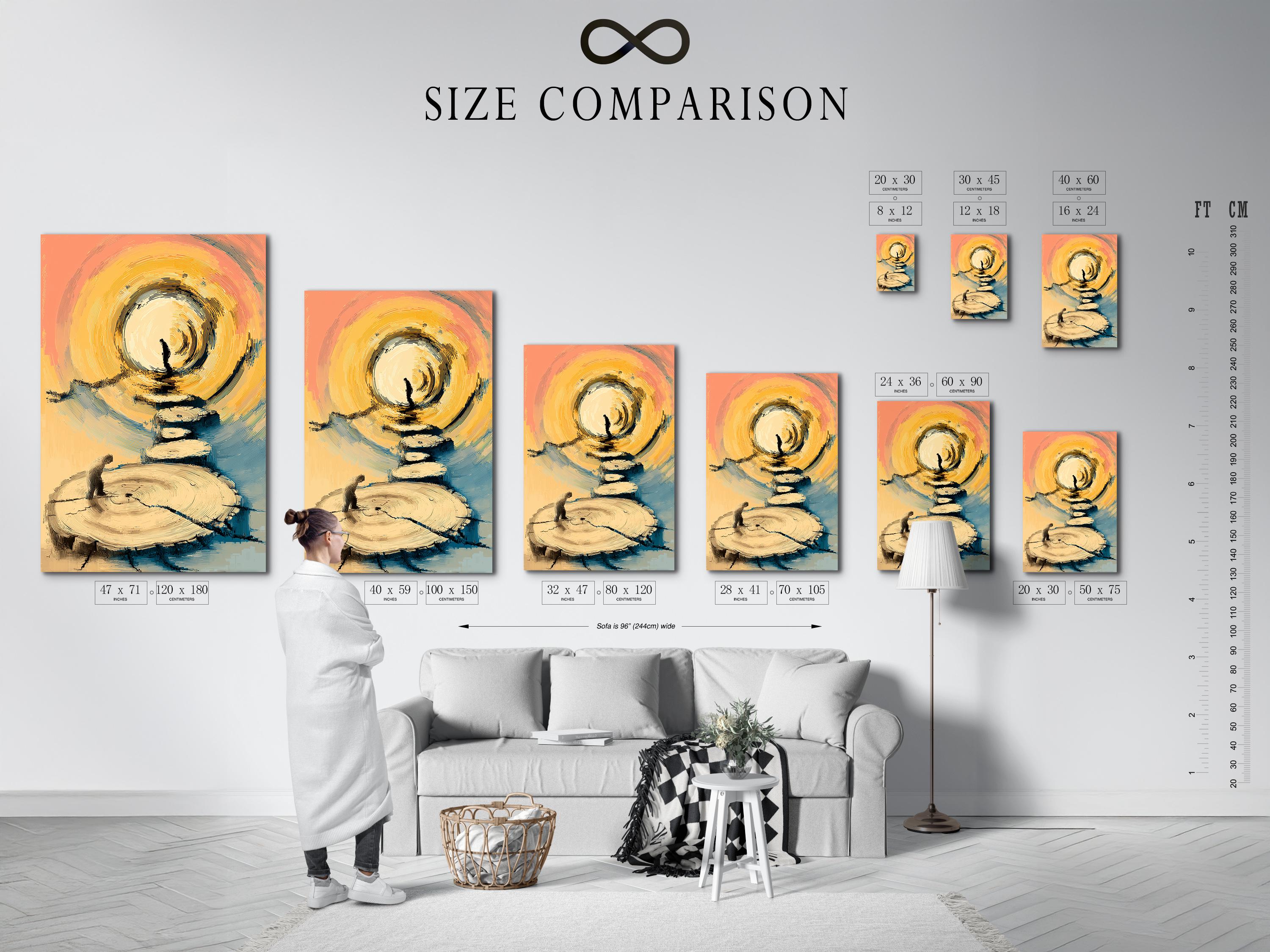 Abstract halo above curved steps with a small dark silhouette, in beige, gold and sky blue detail view
