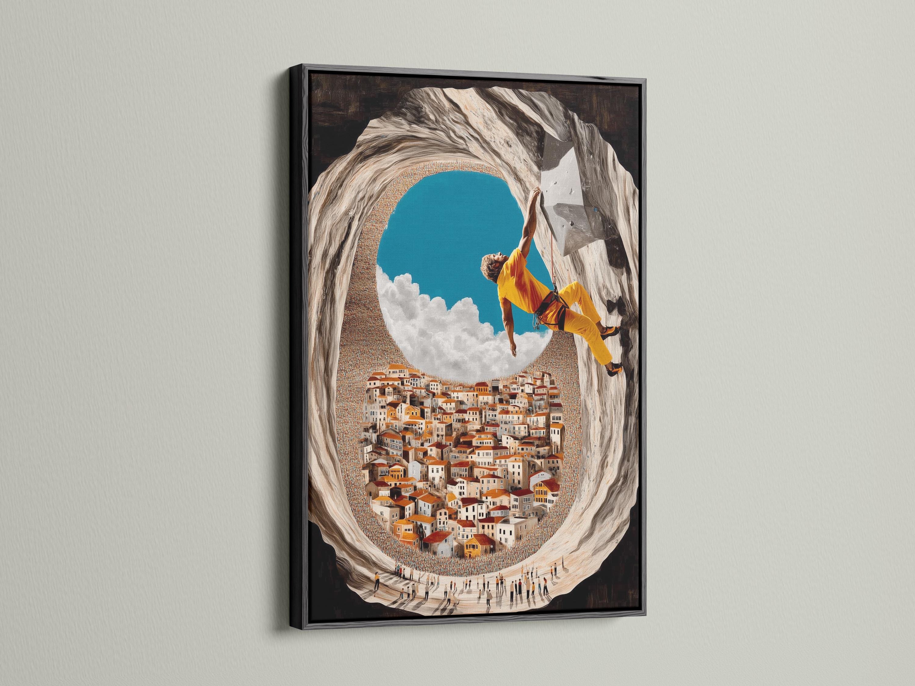 Wall art mockup showing a framed climber scene hanging on a wall among other frame options