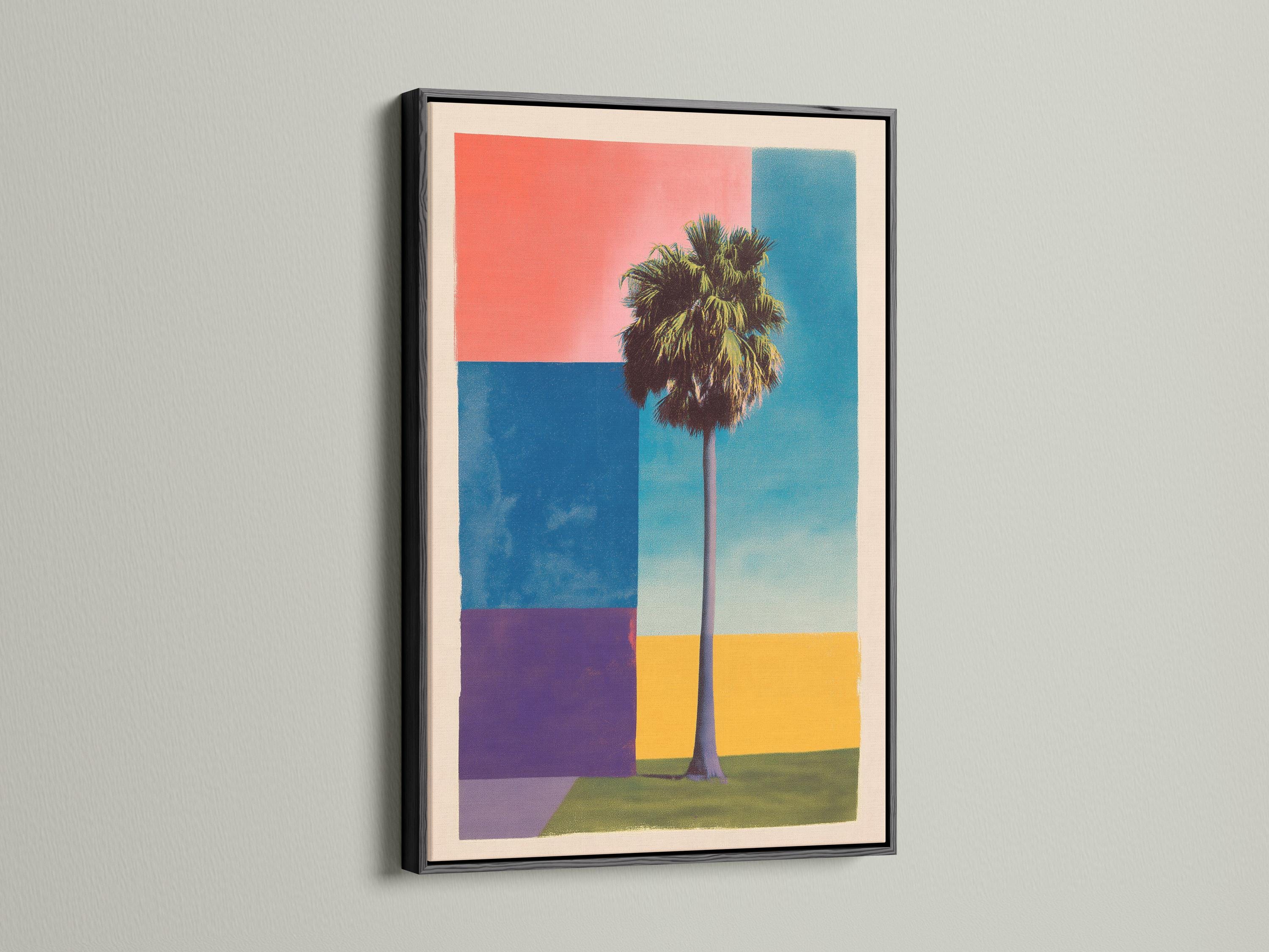 Retro geometric palm tree artwork with coral sky and turquoise blue blocks detail view