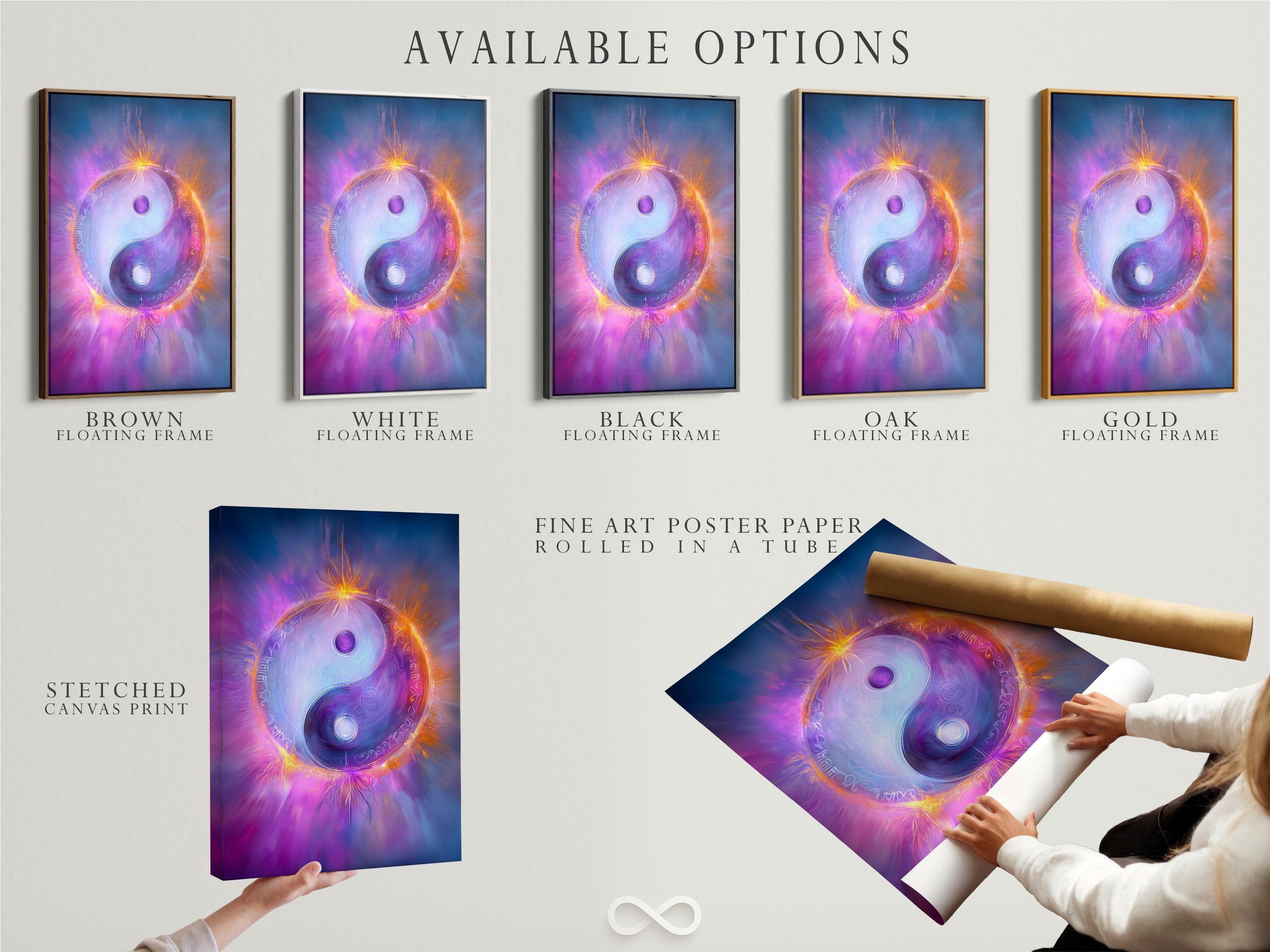 A cosmic yin-yang symbol glows in swirling purples and blues, framed by bright orange light rays and soft halo effects detail view