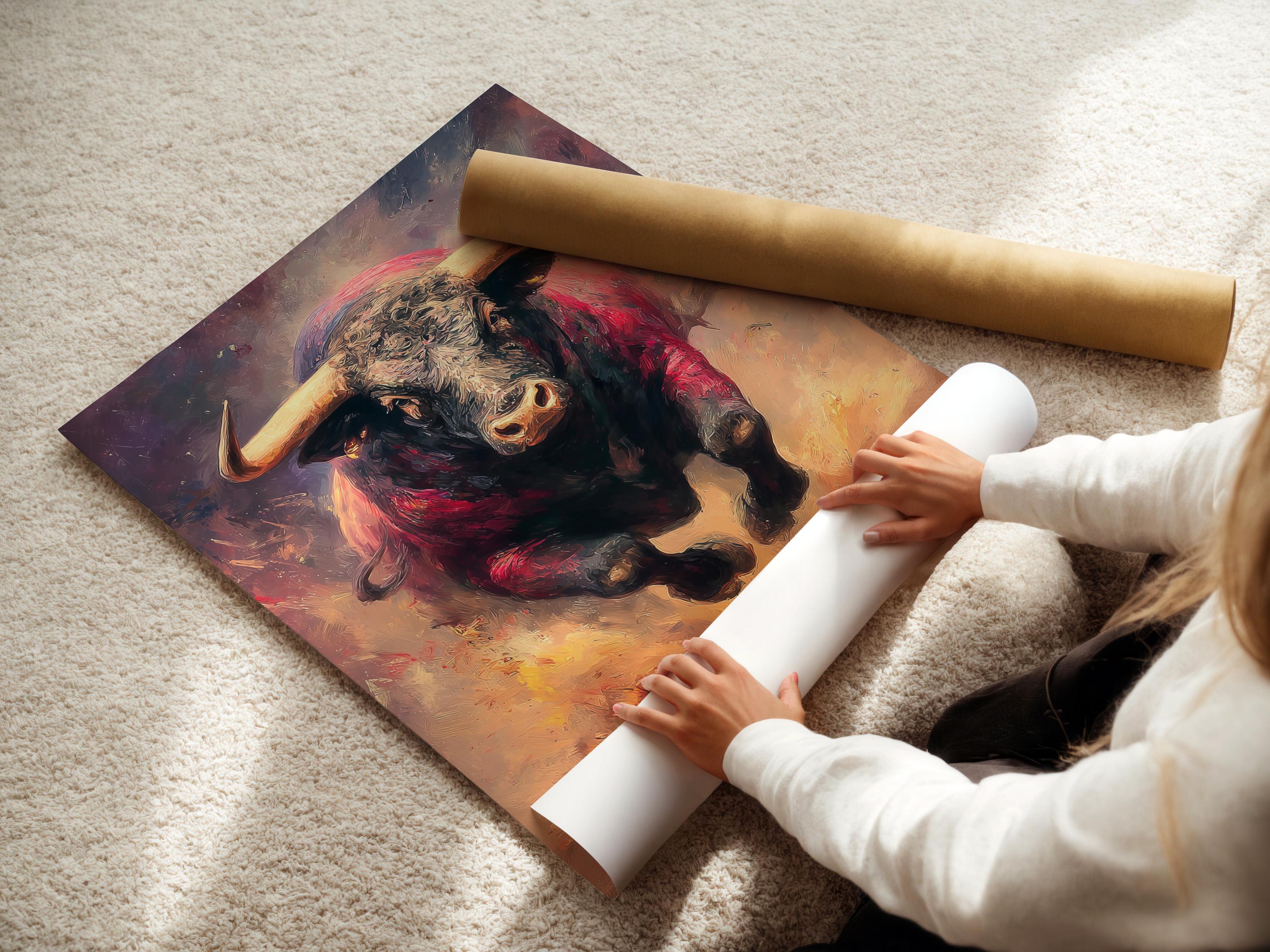 Charging bull portrait wall artwork in red and beige with curved horns detail view